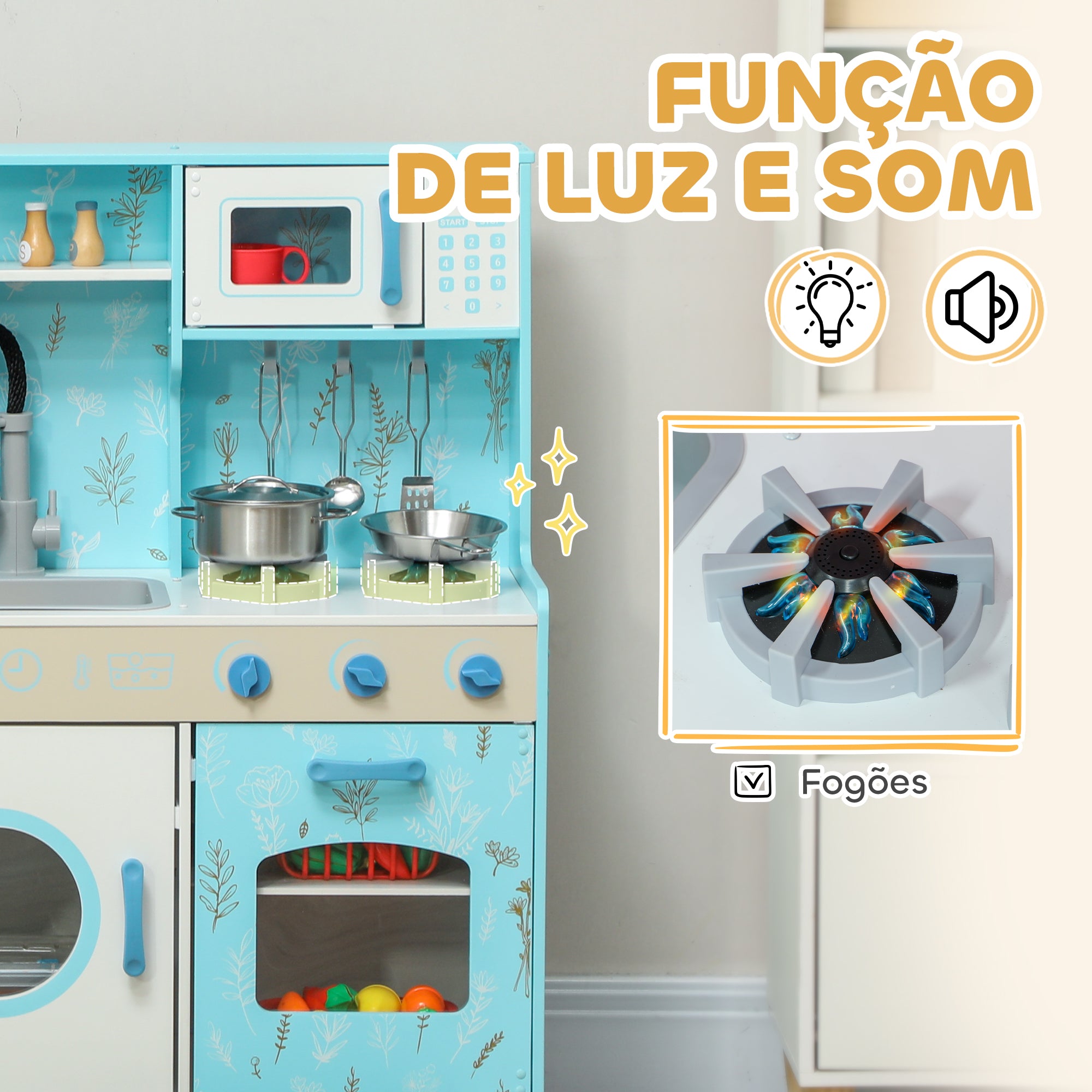 Cozinha de Madeira para Crianças – 90x33,3x91,6 cm – Azul – MDF
