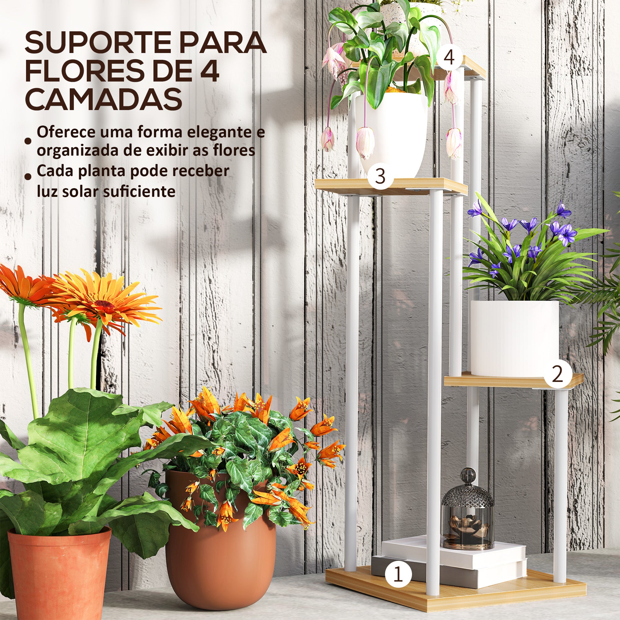 Suporte para Plantas de 4 Níveis Madeira e Branco 53x42x85 cm