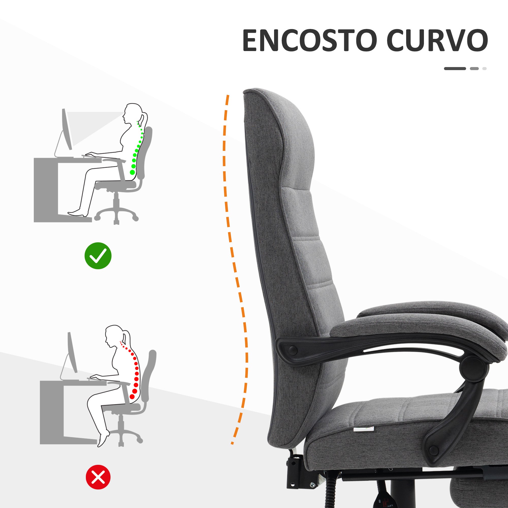 Cadeira de Escritório Reclinável – 68x67x114 cm – Cinza – Poliéster