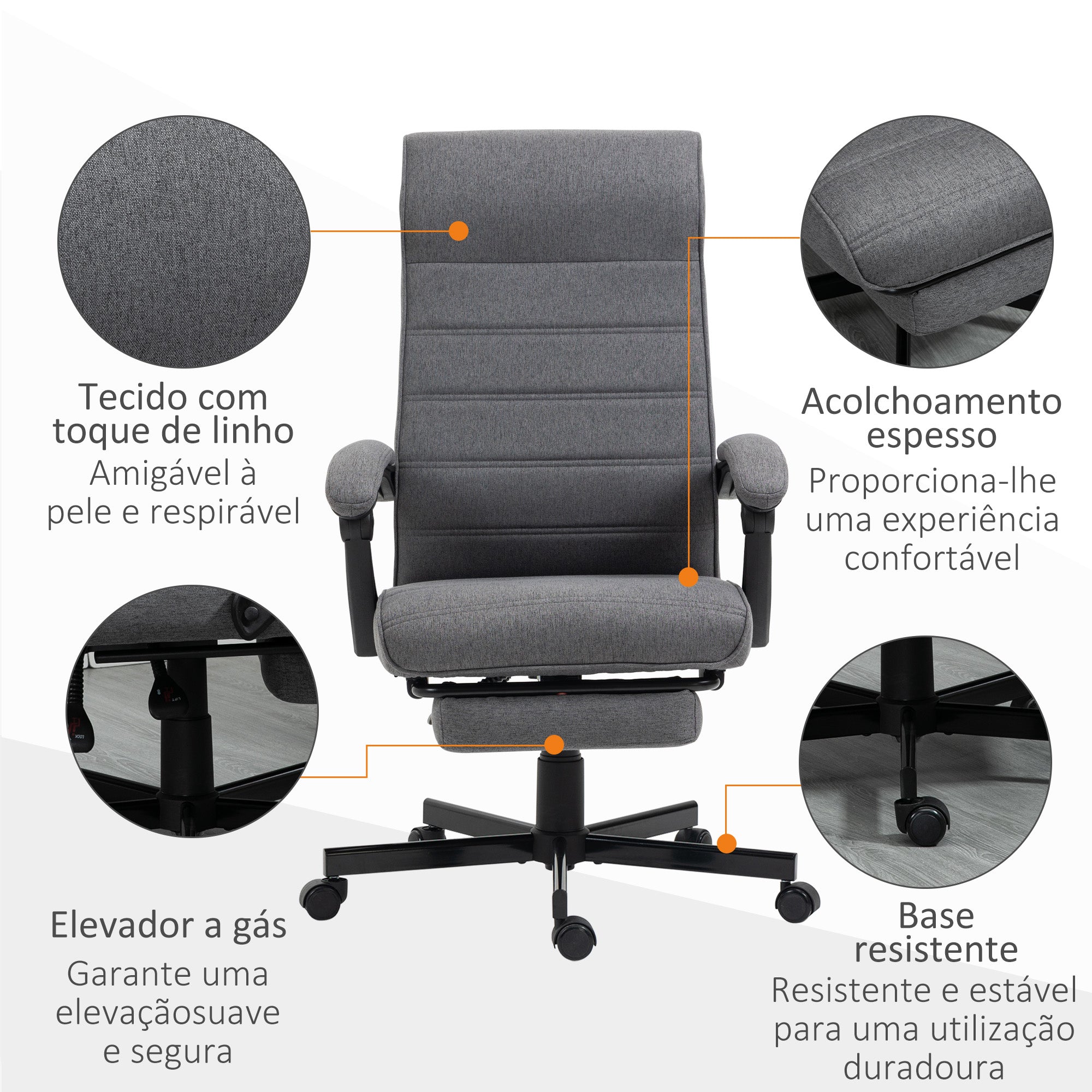 Cadeira de Escritório Reclinável – 68x67x114 cm – Cinza – Poliéster