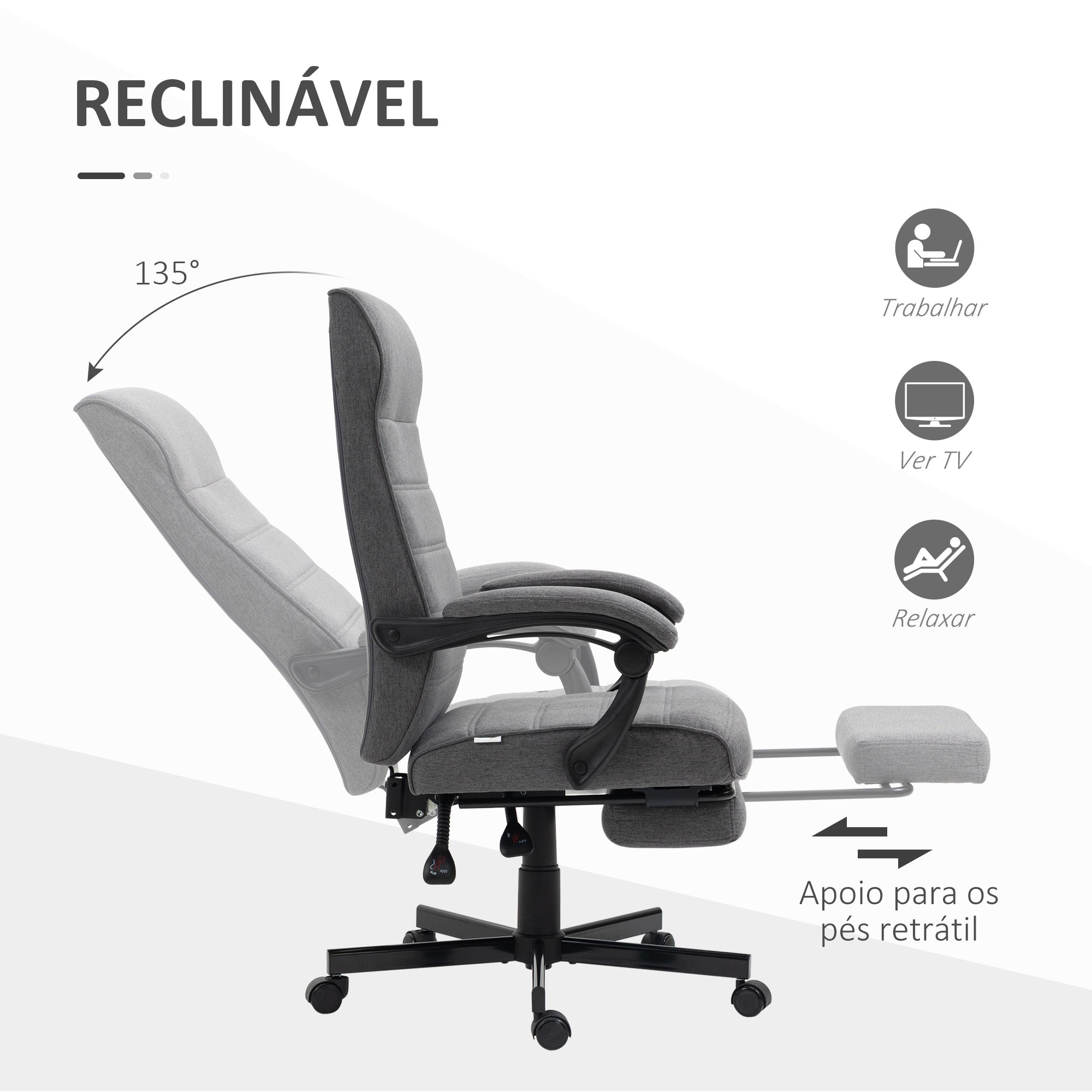 Cadeira de Escritório Reclinável – 68x67x114 cm – Cinza – Poliéster