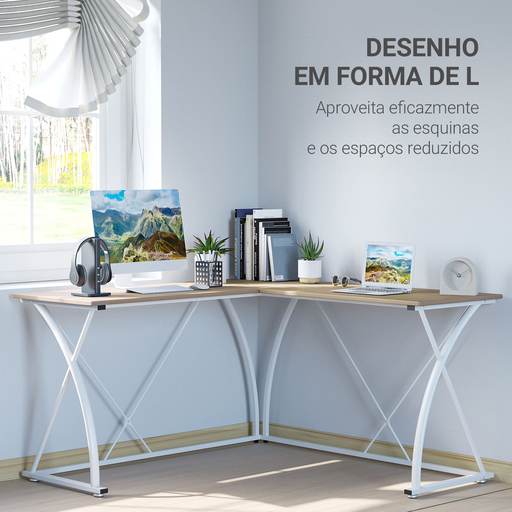 Secretária de Canto em Forma de L 142x142x76cm Cor de Madeira Natural