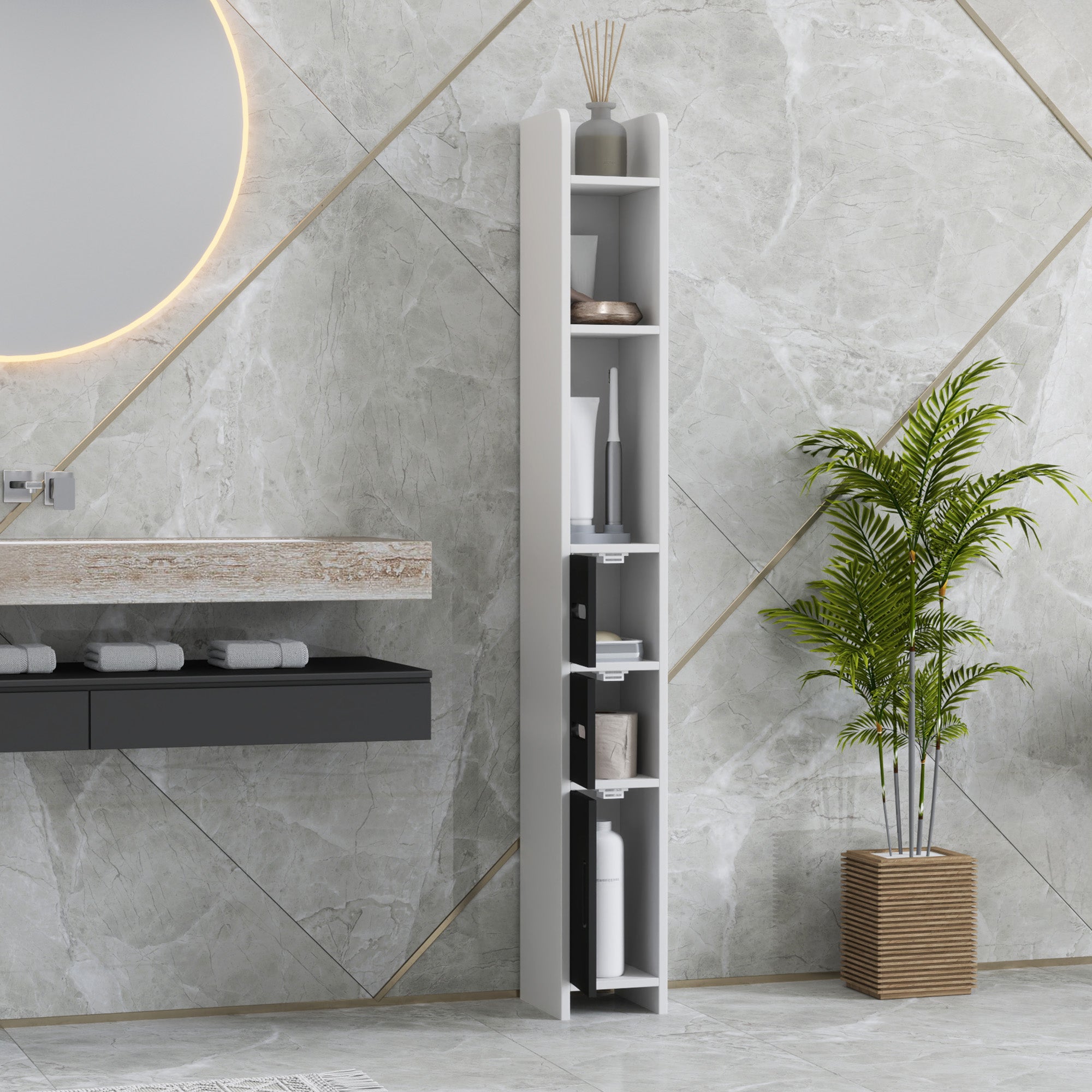 Coluna Casa de Banho Moderna – 15x17x120 cm – Branco e Preto – MDF