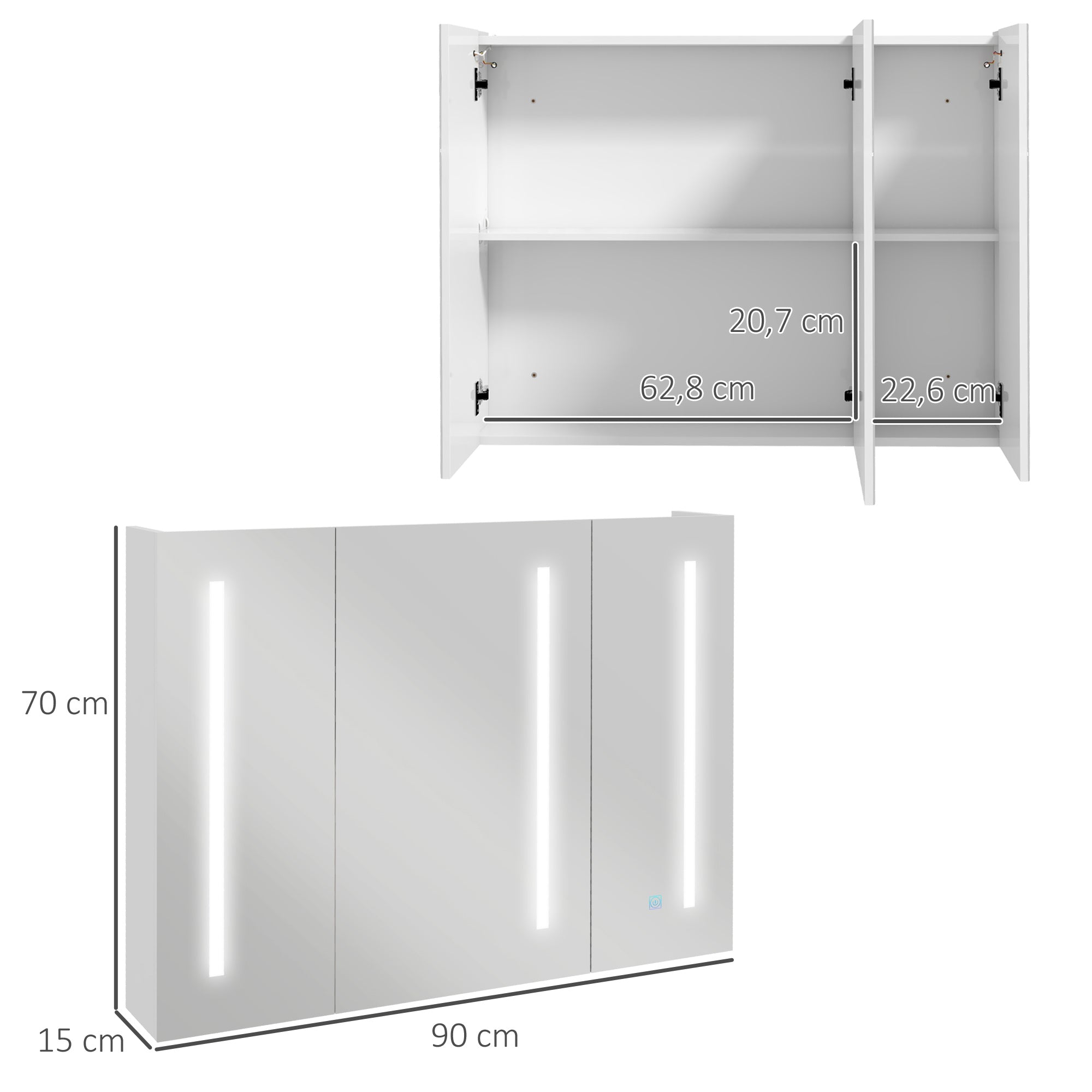 Armário de Casa de Banho LED com Espelho – 90x15x70 cm – Branco – MDF e vidro