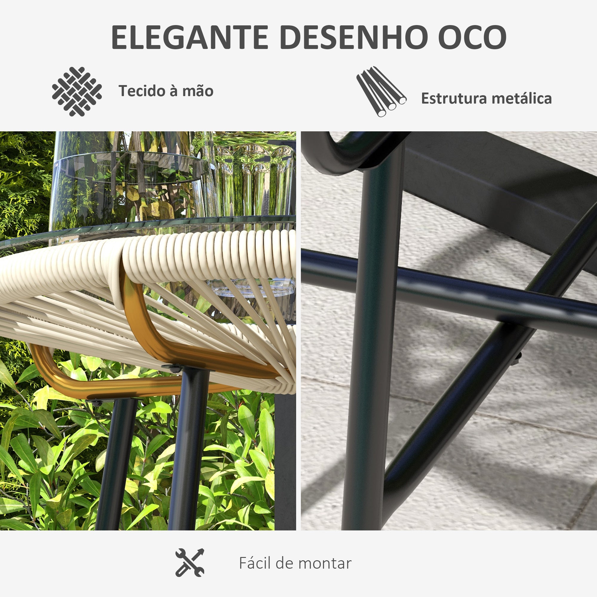 Mesa Auxiliar Redonda de Vime Sintético Ø50x50 cm - Creme e Preto