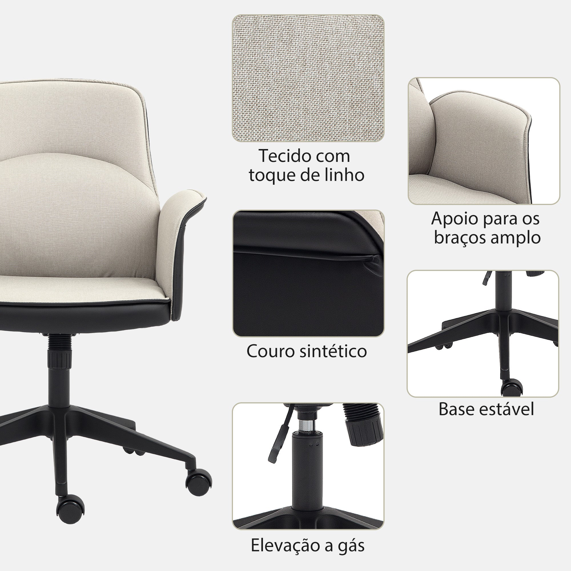 Cadeira de Escritório com Altura Ajustável 66x65x93-103 cm – Bege – Tecido de poliéster, Couro PU, Espuma, Metal