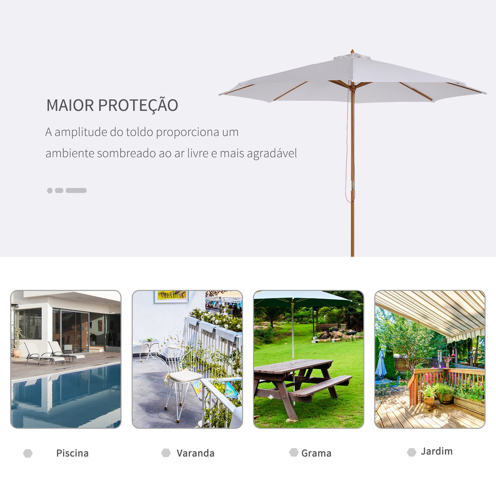 Guarda-Sol de Jardim Branco Ø300x250cm com Sistema de Polia e Mastro de Madeira