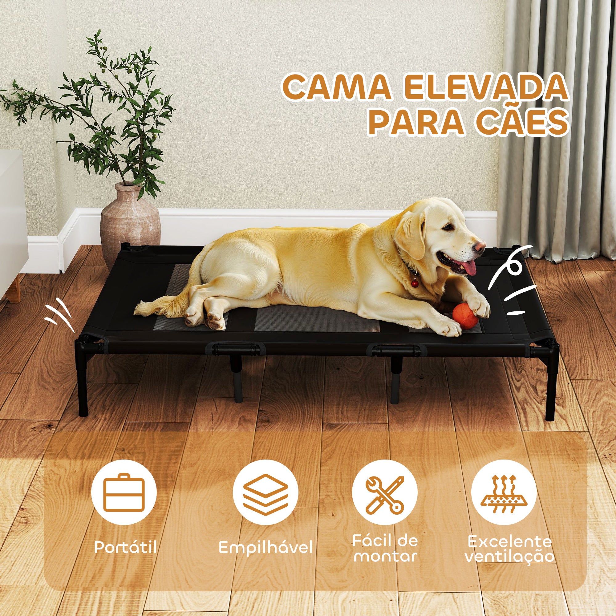 Cama Elevada para Animais de Estimação – 122x92x23 cm – Cor Preto – Metal