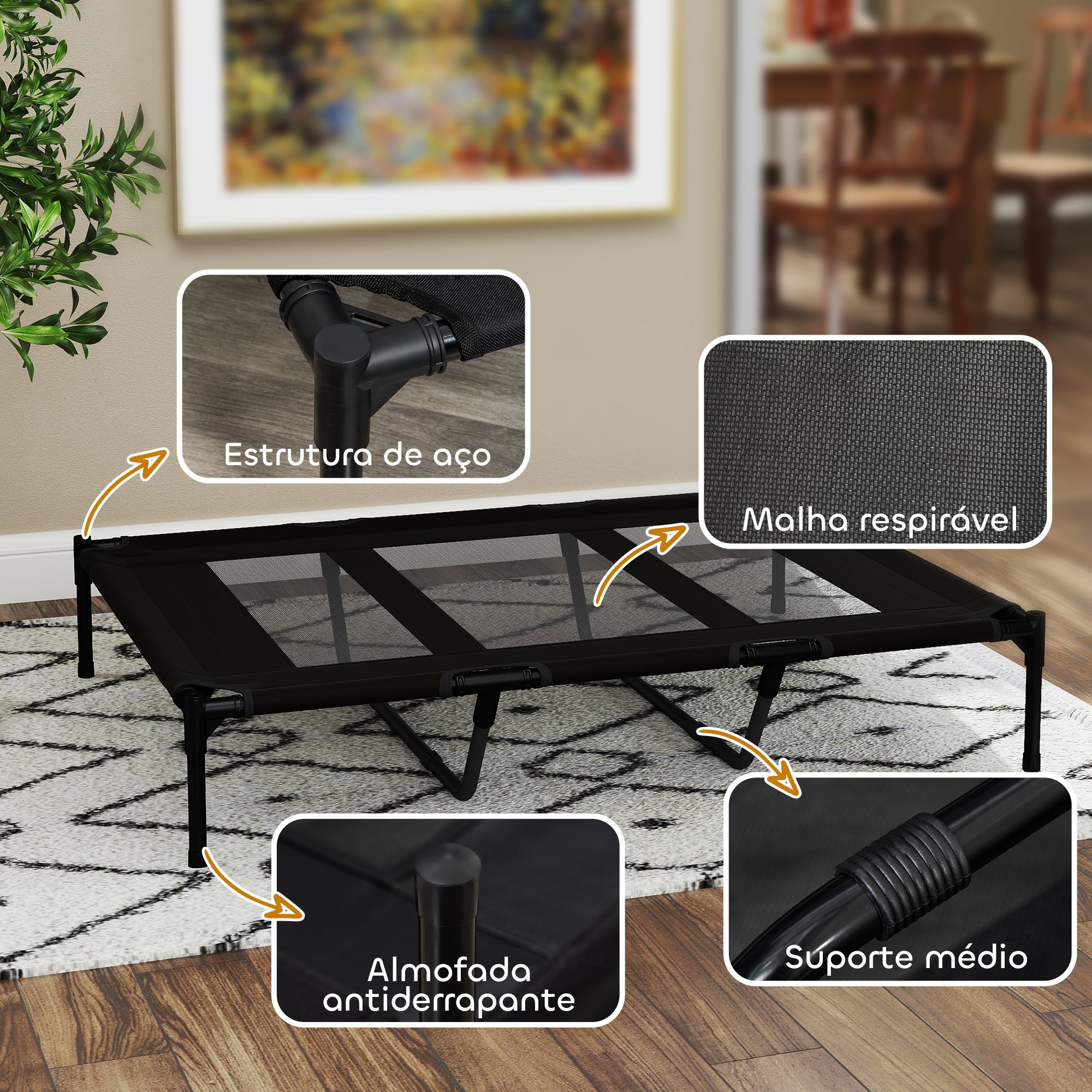 Cama Elevada para Animais de Estimação – 122x92x23 cm – Cor Preto – Metal