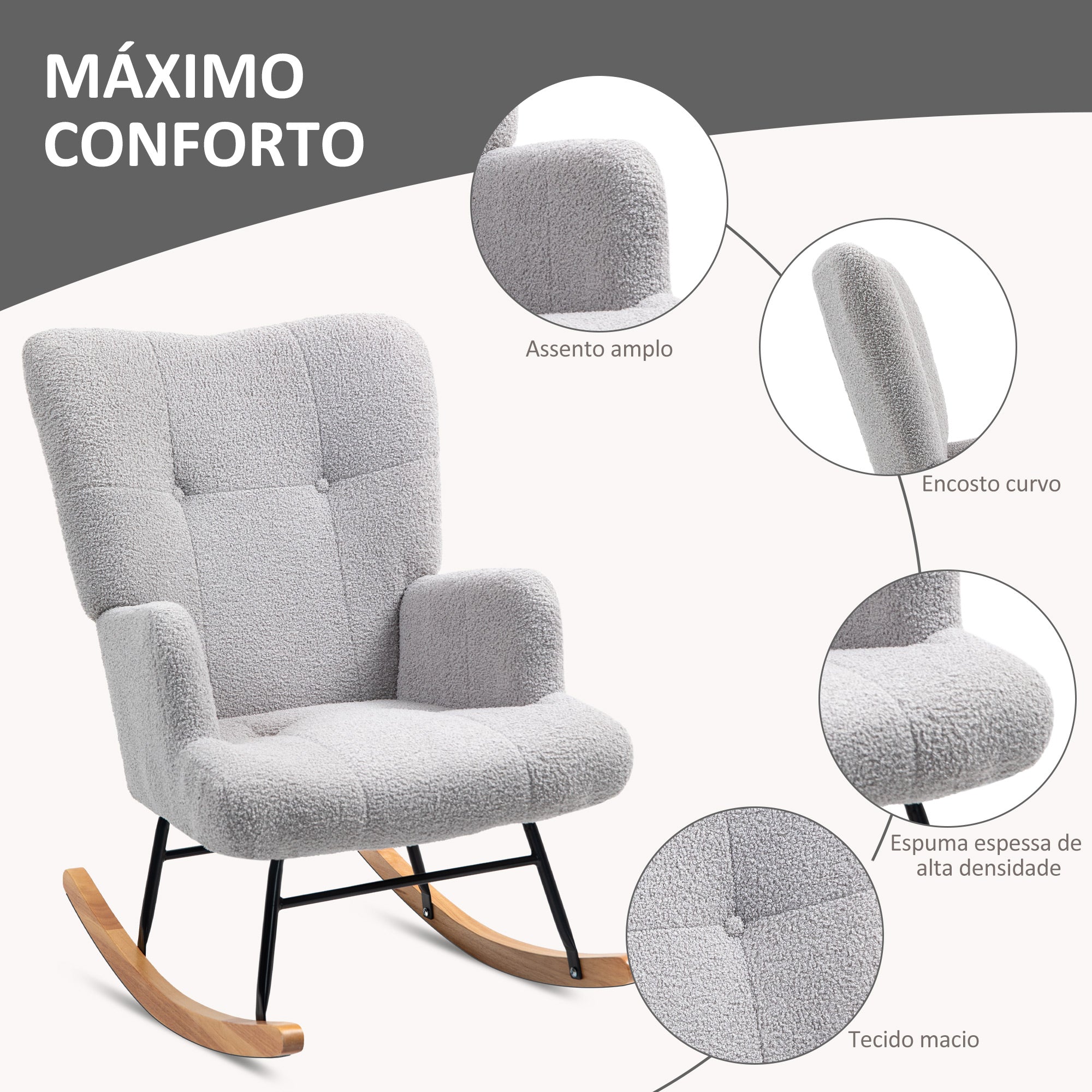 Poltrona Baloiço em Borrego – 65x88x87 cm – Cinza Claro – Tecido estilo borrego, espuma de alta densidade, metal e madeira de borracha