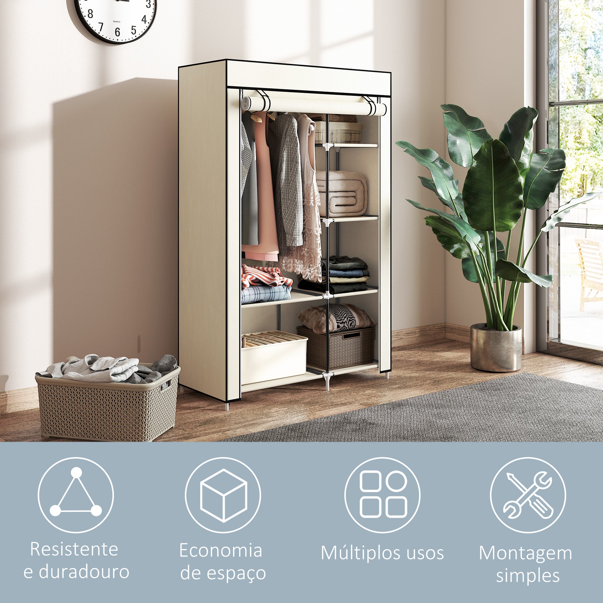 Roupeiro de Tecido Dobrável 103x43x162,5cm - Cor Creme Branco