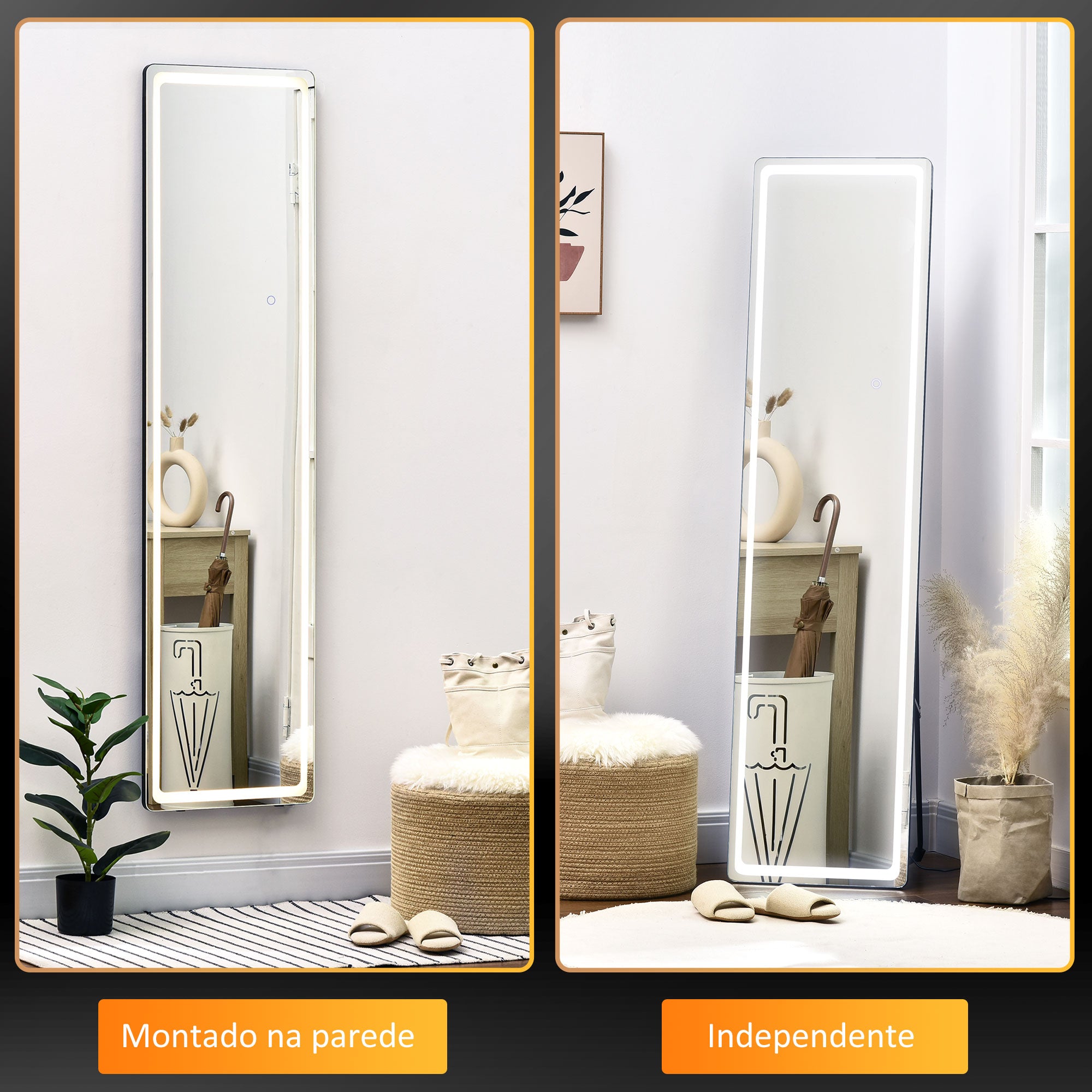 Espelho de Pé de Corpo Inteiro com Luzes LED - Prata e Preto 40x51x156,5cm