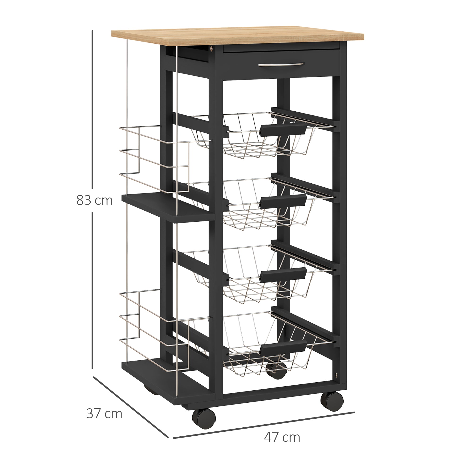 Carrinho de Cozinha Compacto – 47x37x83 cm – Preto – MDF, Madeira de Pinho e Metal
