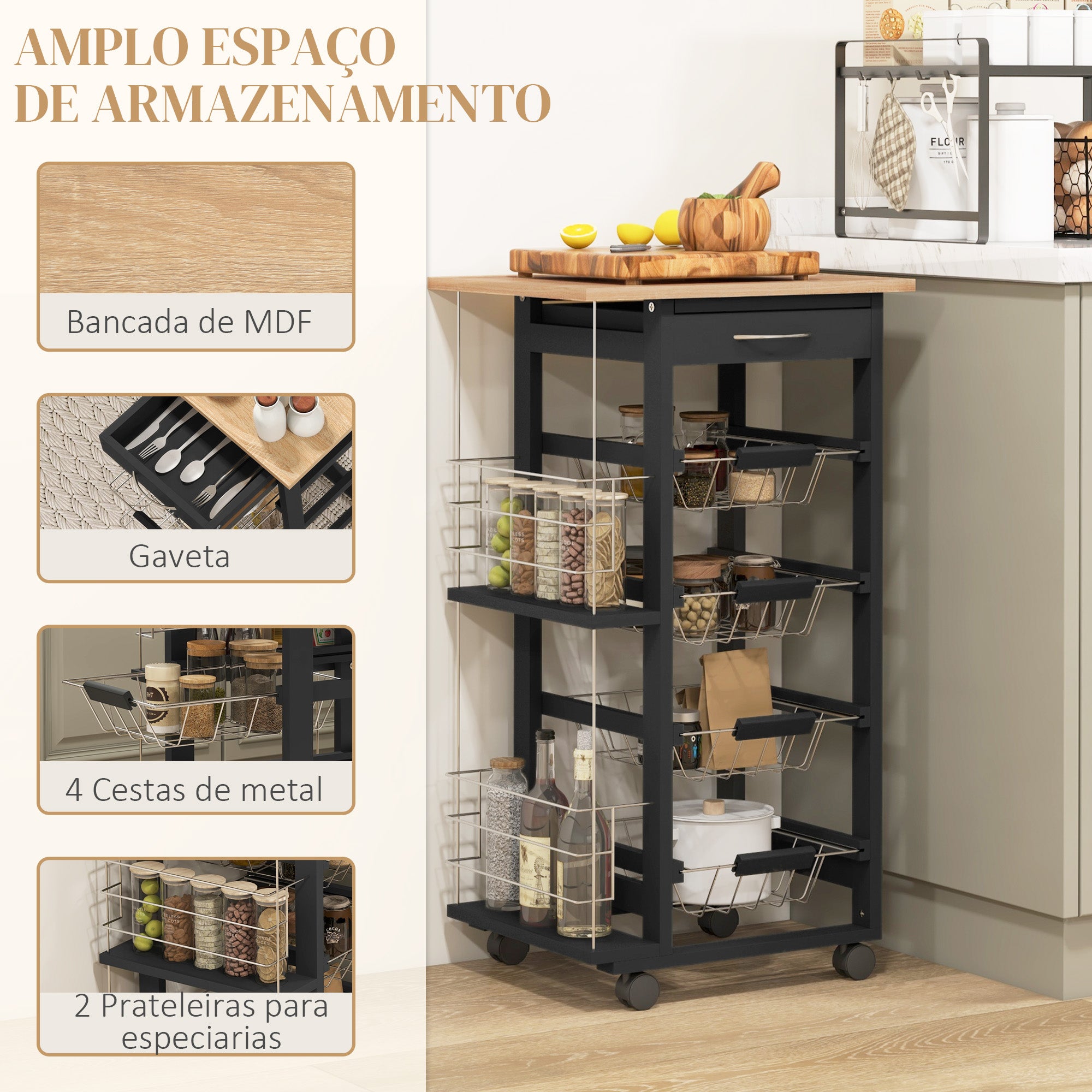 Carrinho de Cozinha Compacto – 47x37x83 cm – Preto – MDF, Madeira de Pinho e Metal