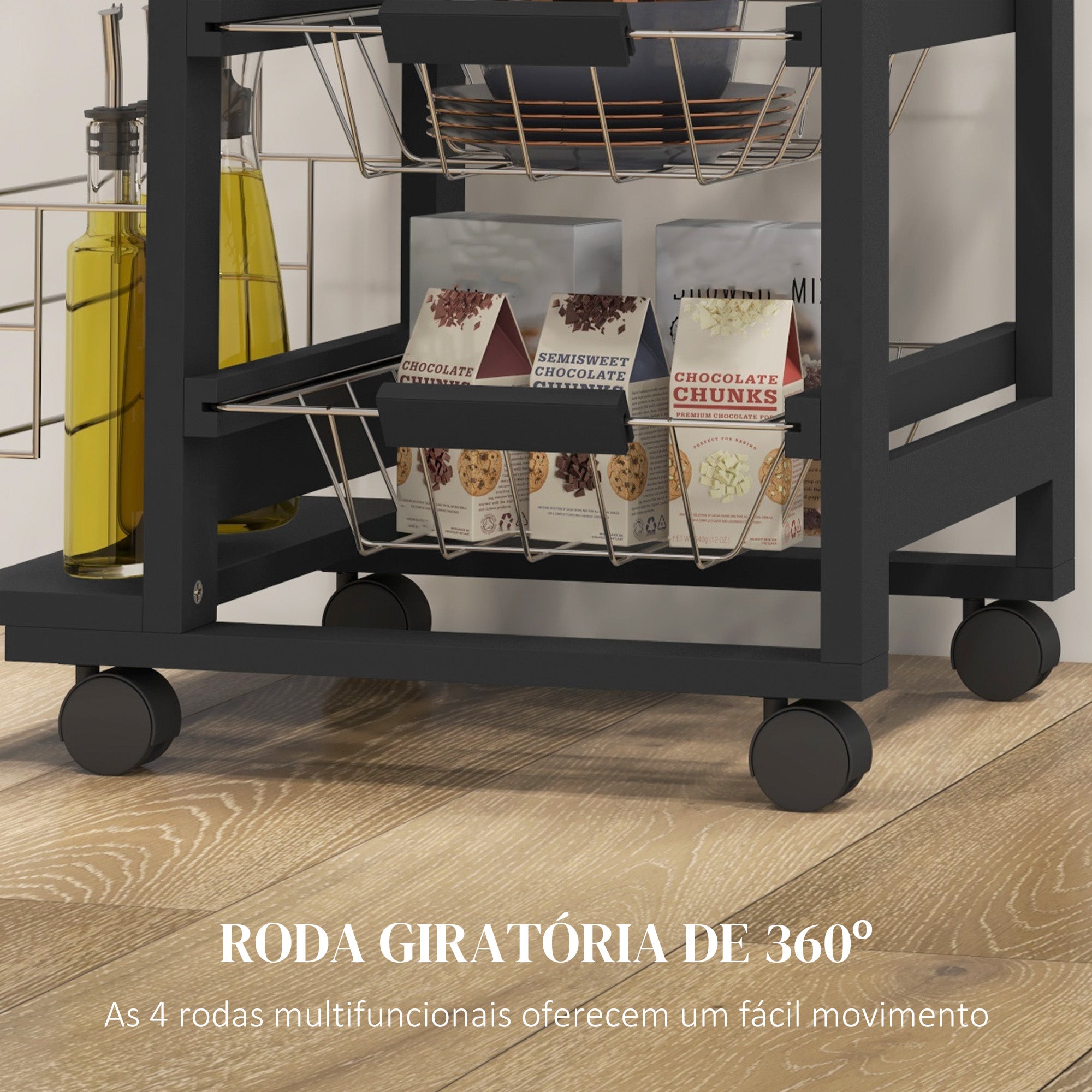 Carrinho de Cozinha Compacto – 47x37x83 cm – Preto – MDF, Madeira de Pinho e Metal