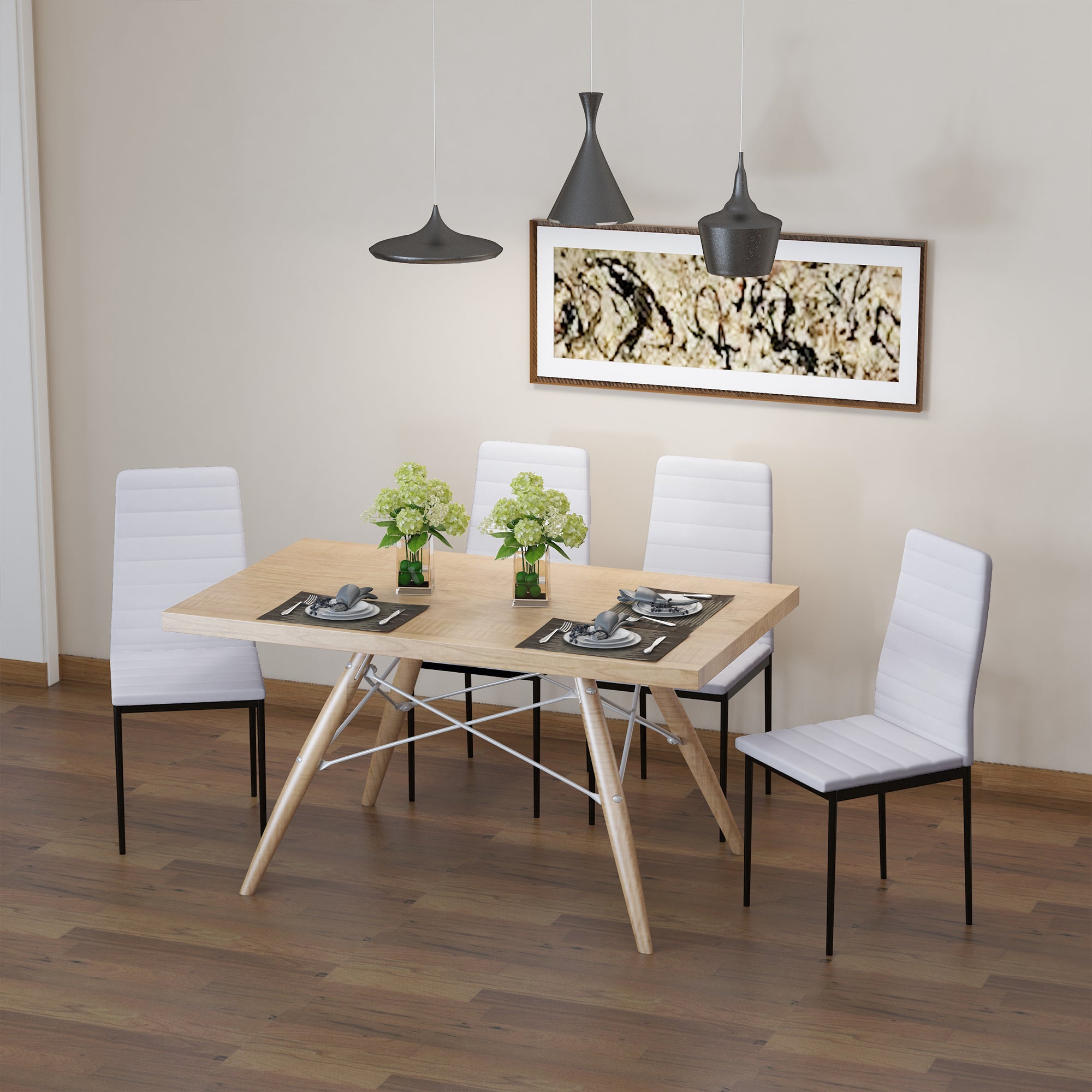 Conjunto de 4 Cadeiras de Sala de Jantar Estofadas em Linho Branco – 41x50x97cm – Branco – Linho Sintético