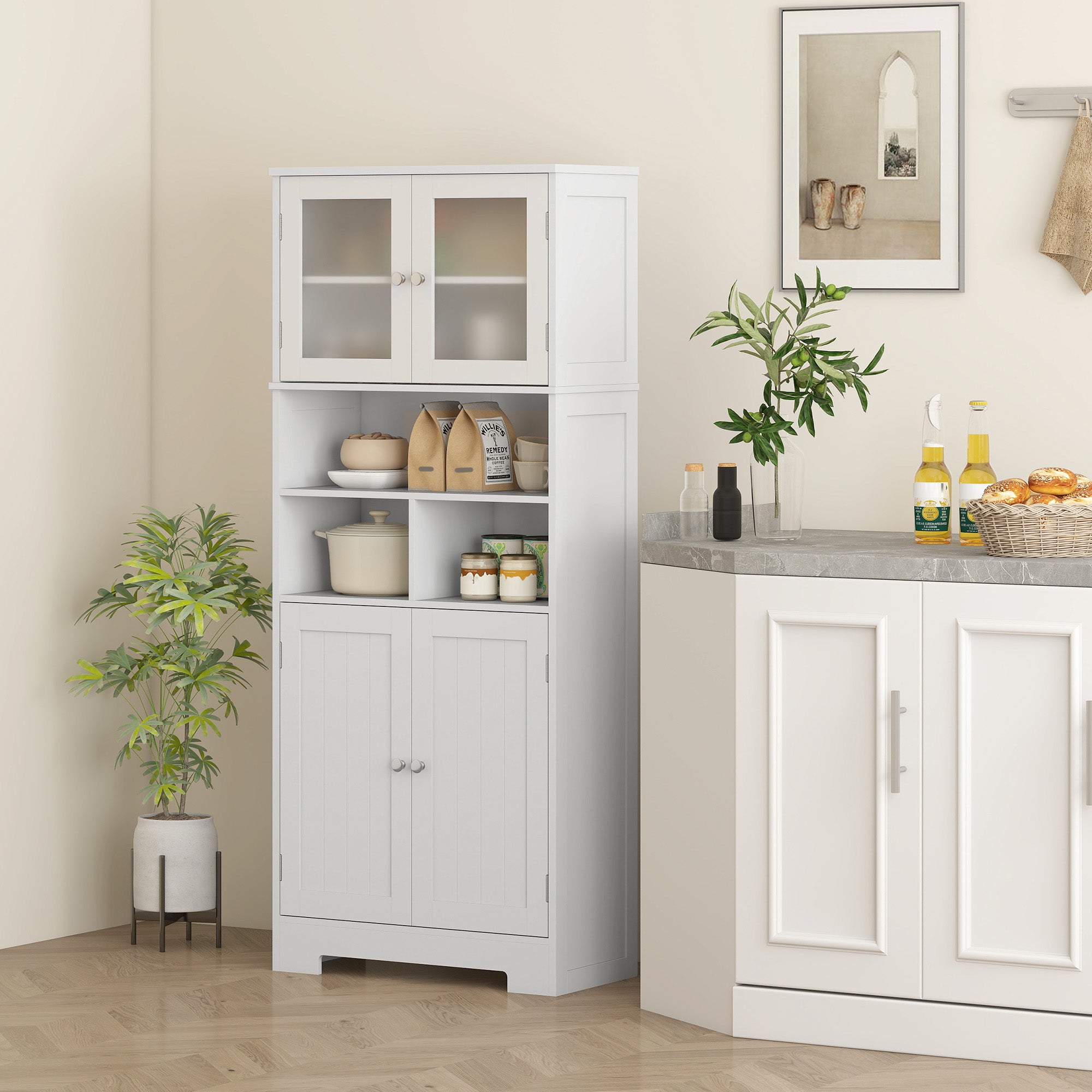 Armário Alto de Cozinha com 2 Portas de Vidro 60x30x145,5 cm - Branco