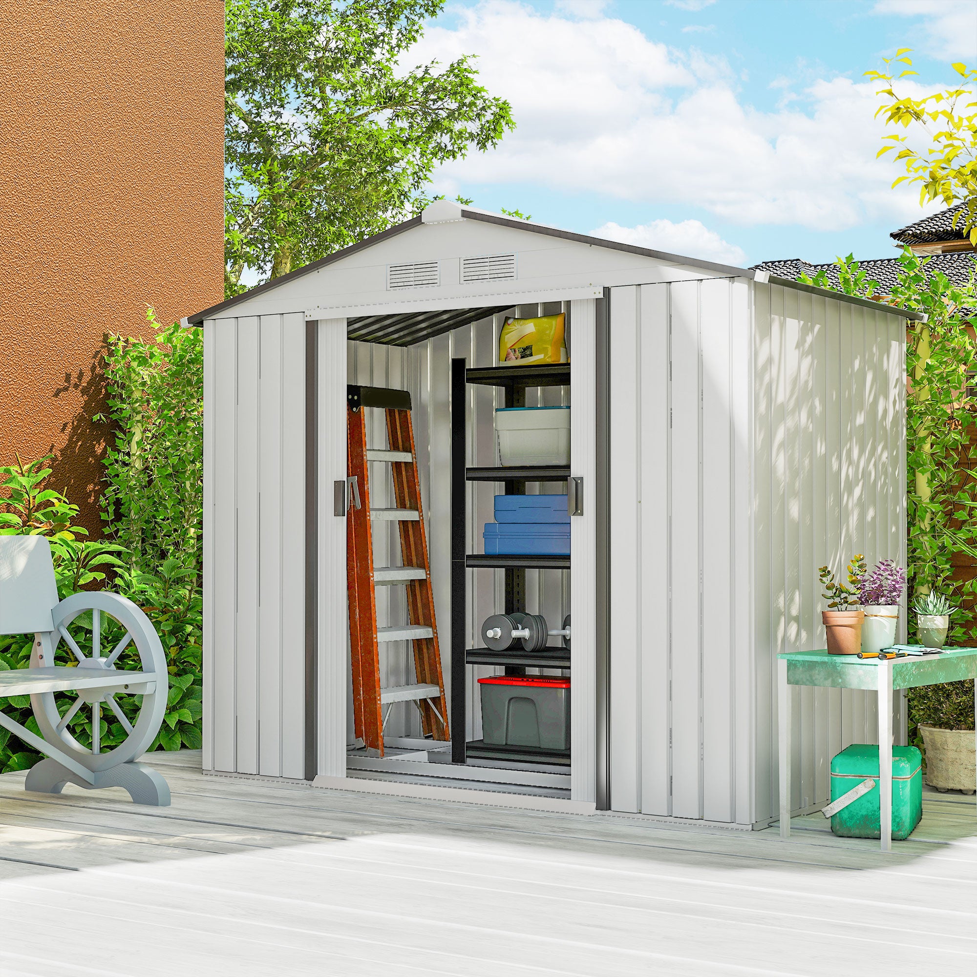 Abrigo de Jardim Metálico 213x130x185cm Branco, Cinzento e Prata