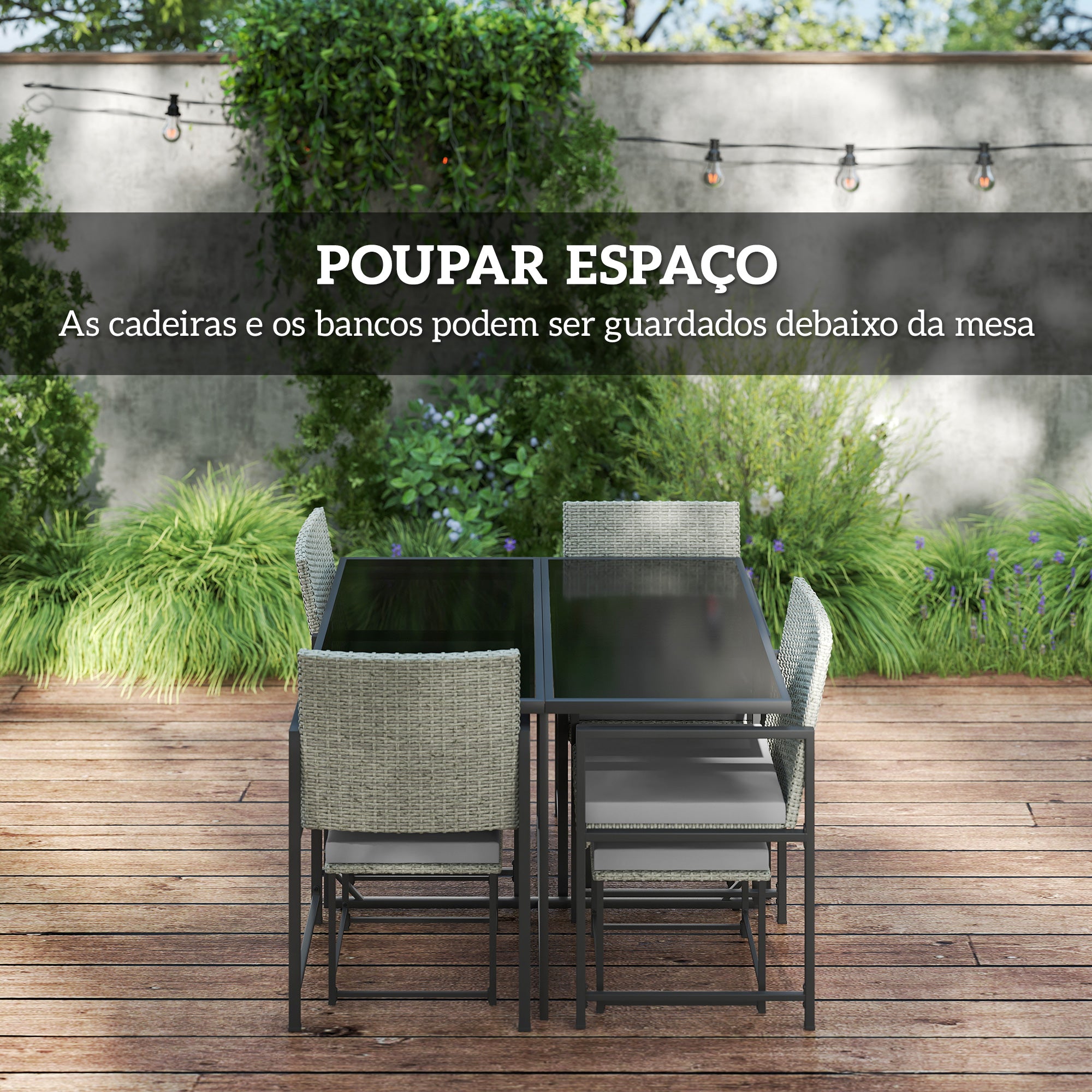 Conjunto de Móveis de Jardim Cinzento 109x109x72 cm - Mesa, Cadeiras e Bancos em Vime Sintético