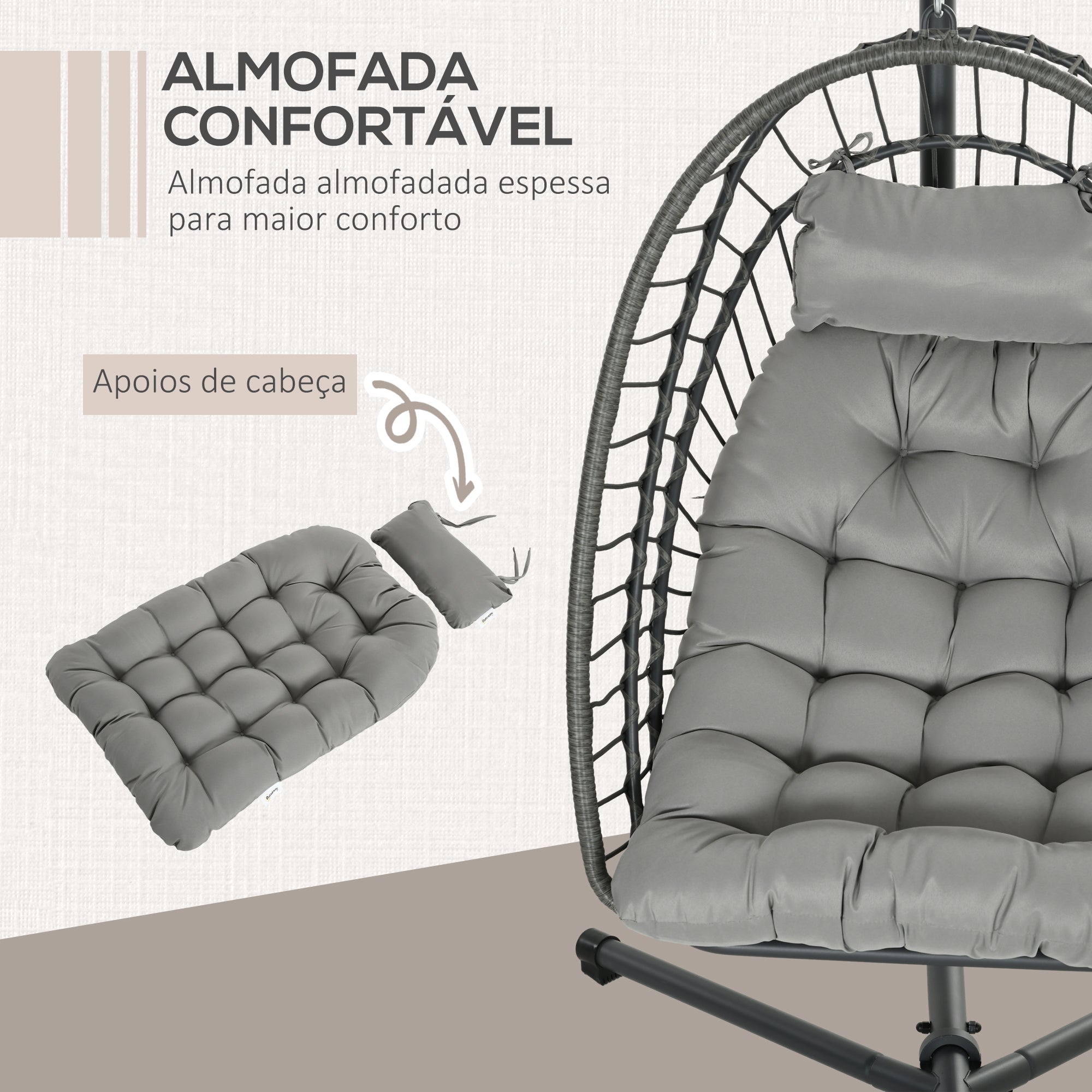 Cadeirão Suspenso de Vime Cinza Escuro 100x131x194 cm - Inclui 2 Almofadas