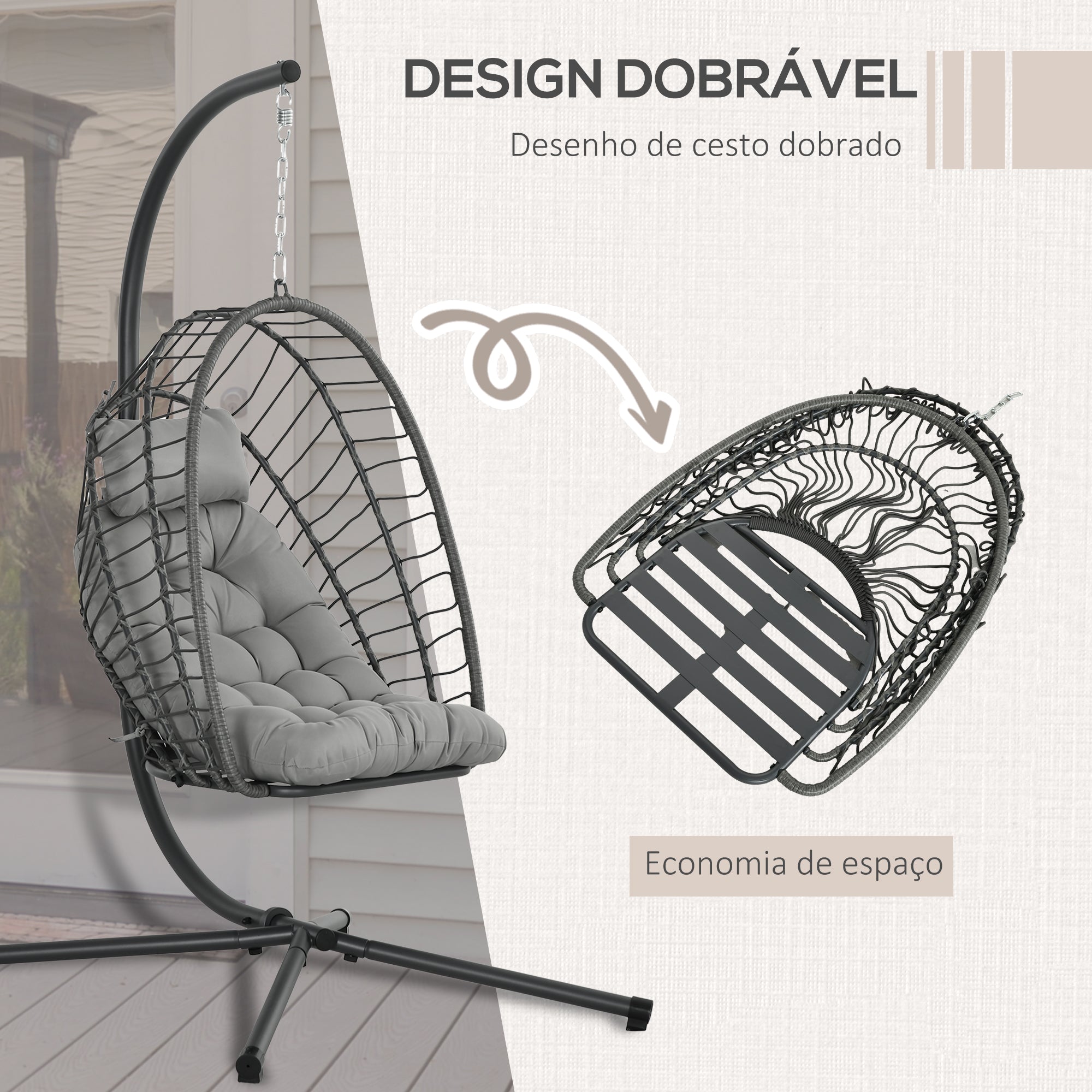 Cadeirão Suspenso de Vime Cinza Escuro 100x131x194 cm - Inclui 2 Almofadas