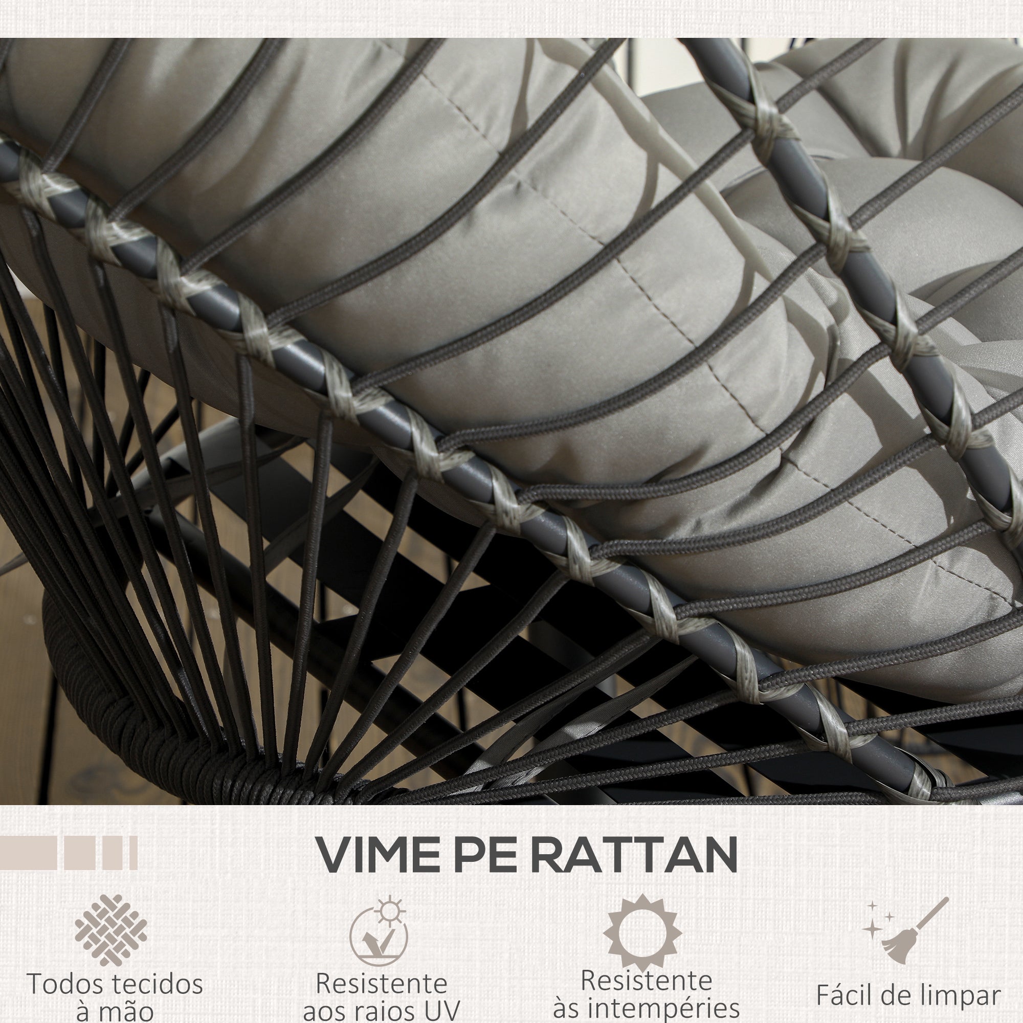 Cadeirão Suspenso de Vime Cinza Escuro 100x131x194 cm - Inclui 2 Almofadas