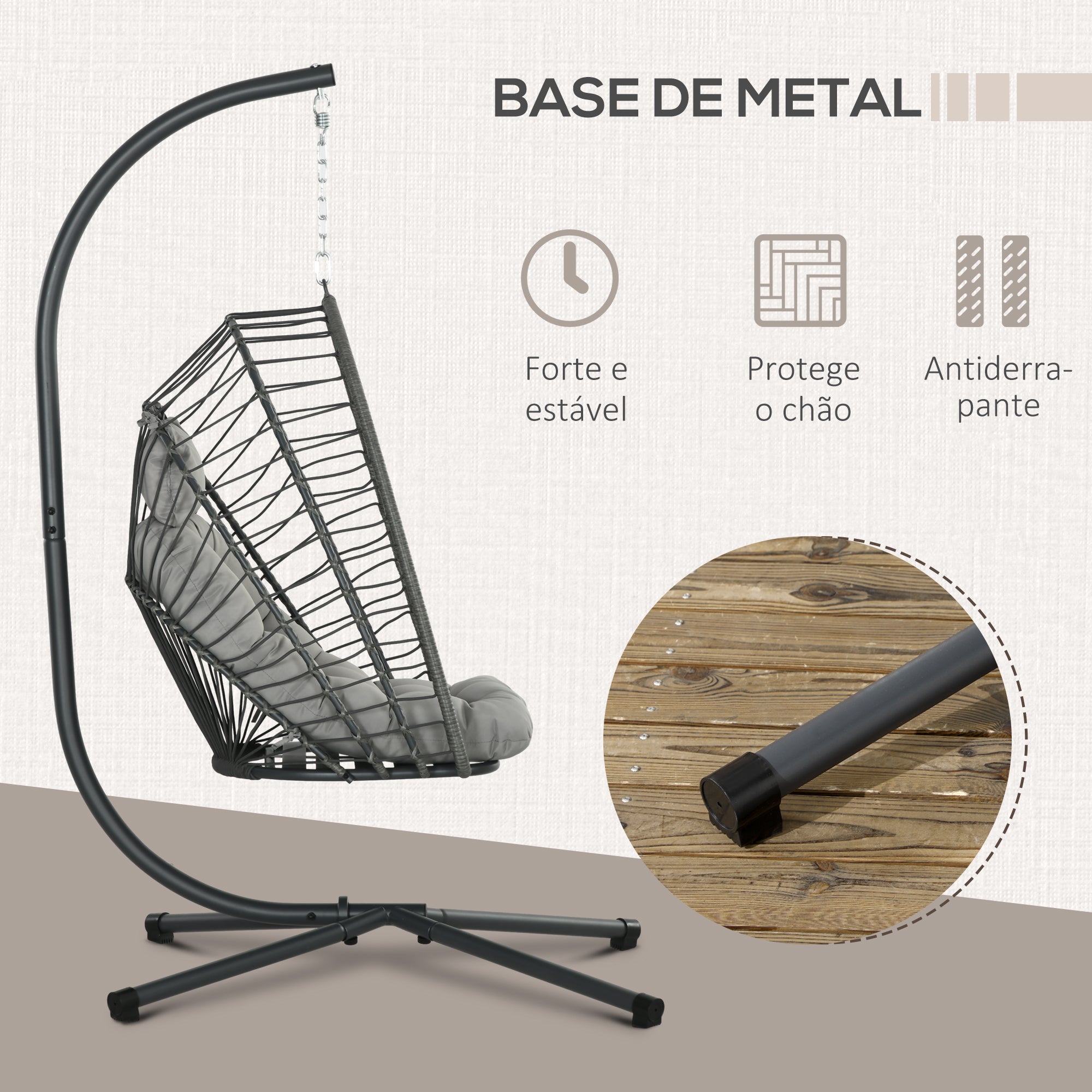 Cadeirão Suspenso de Vime Cinza Escuro 100x131x194 cm - Inclui 2 Almofadas