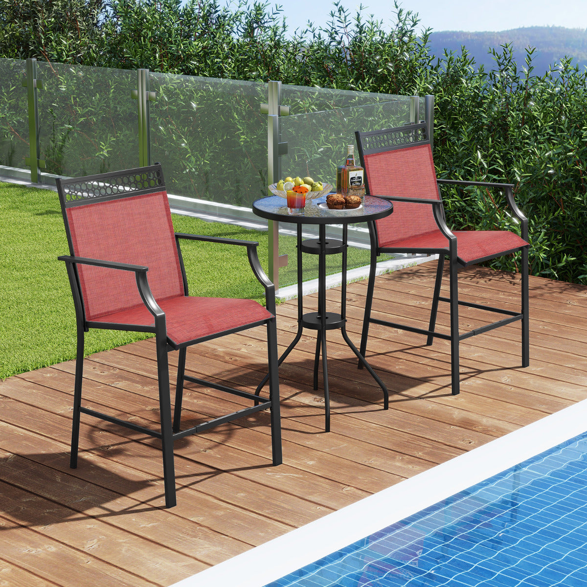 Conjunto de 2 Bancos de Bar – Altura de Assento 63 cm – Vermelho – Estrutura Metálica