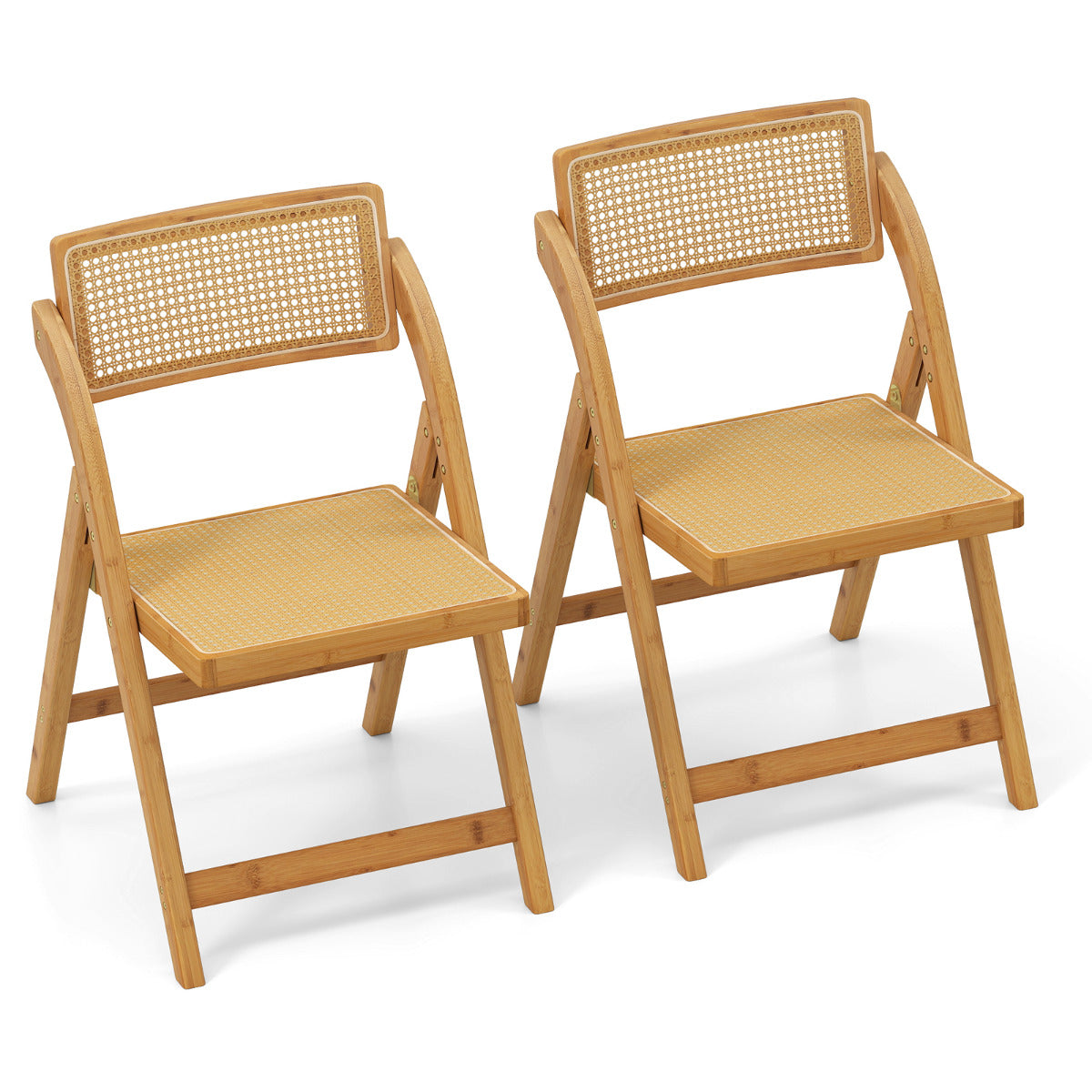 Conjunto de 2 Cadeiras Dobráveis de Rattan de Bambu para Sala de Jantar Cadeira Lateral para Cozinha com Encosto Giratório Cadeira de Acento Boho Natural