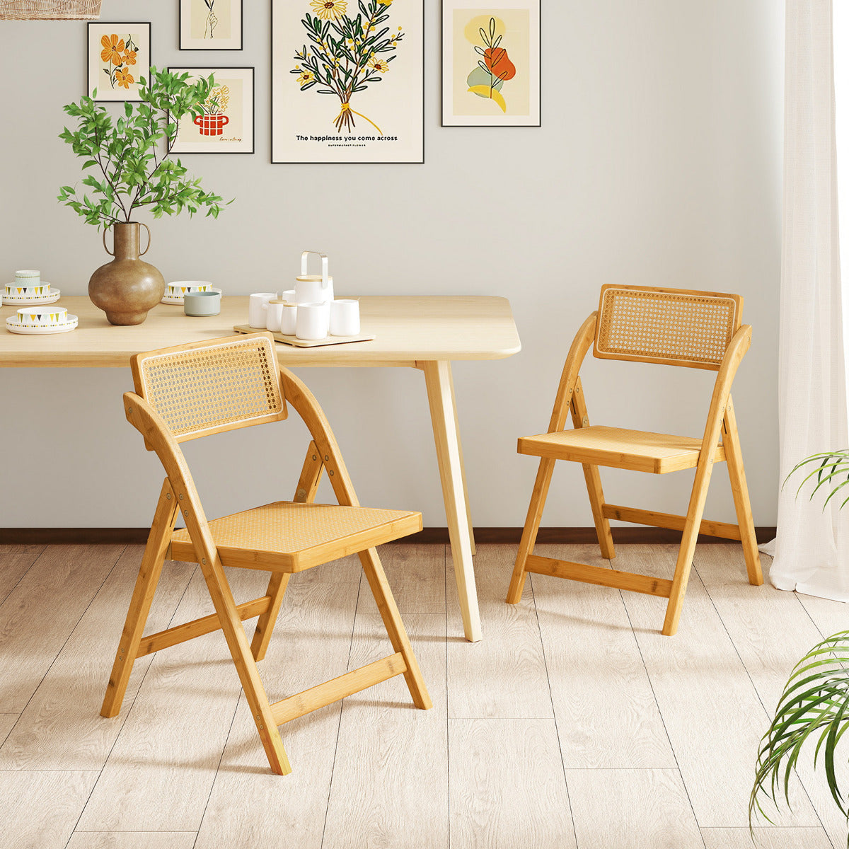 Conjunto de 2 Cadeiras Dobráveis de Rattan de Bambu para Sala de Jantar Cadeira Lateral para Cozinha com Encosto Giratório Cadeira de Acento Boho Natural