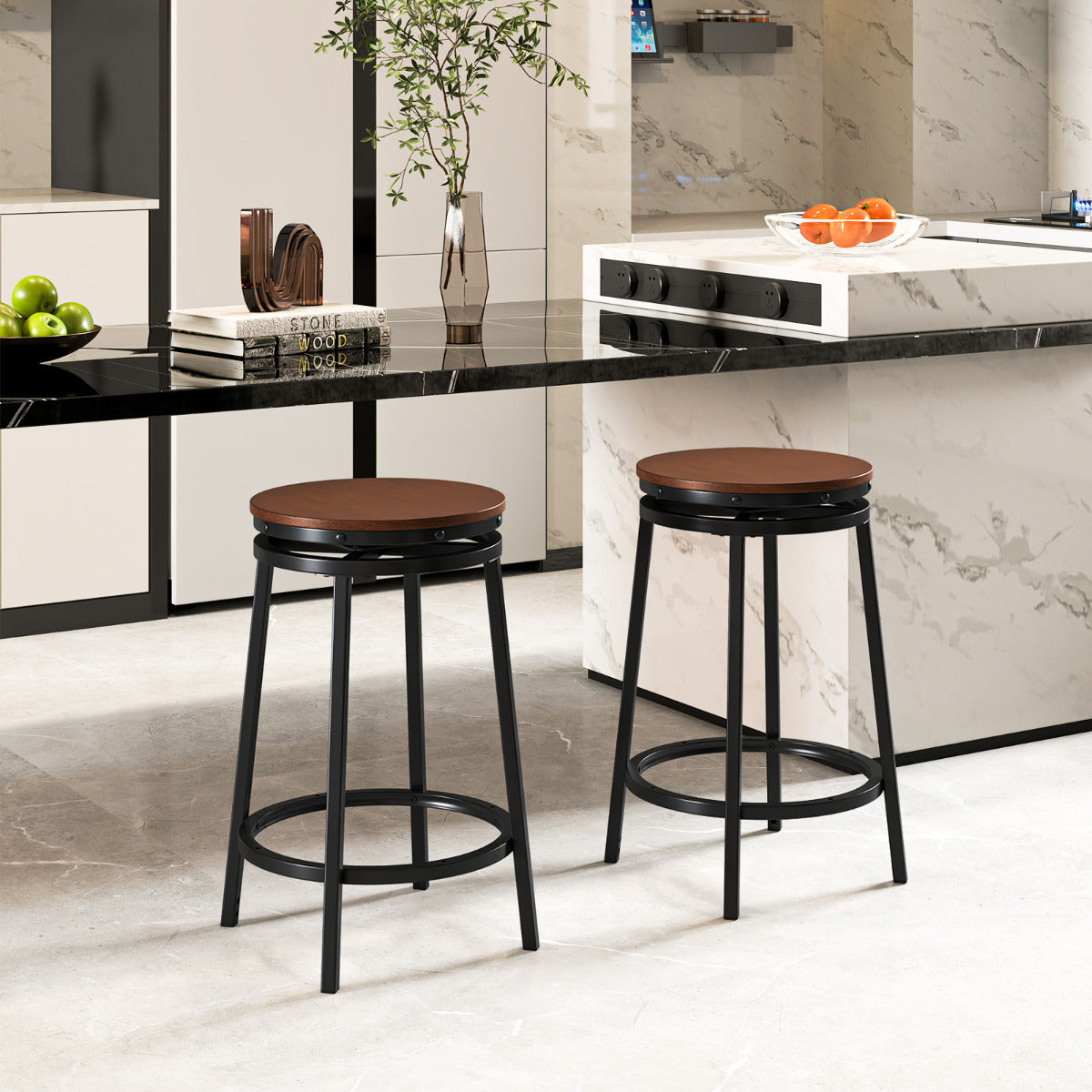 Conjunto de 2 Banquetas de Bar com Rotação de 360° Ajustáveis em Altura de 74/61 cm em Metal Pesado com Apoio para os Pés Cadeiras de Cozinha Sala de Jantar