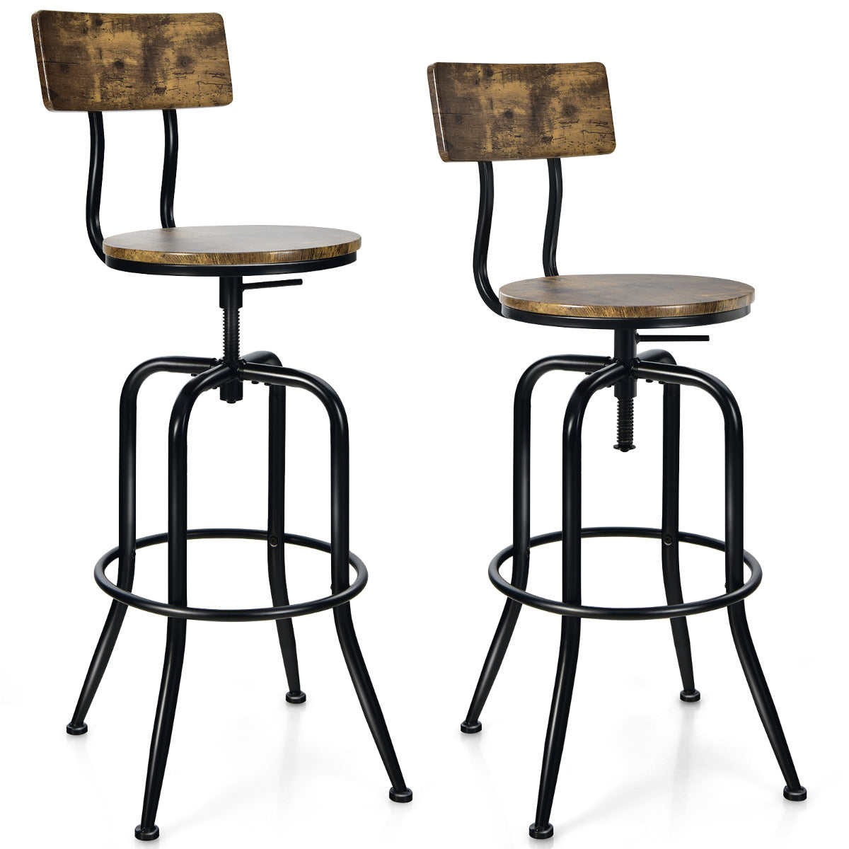 Conjunto de 2 Bancos de Bar Industrial 69-76 cm Giratórios Ajustáveis com Encosto Curvo Apoio para os Pés em Metal para Pub Bistrô Sala de Jantar