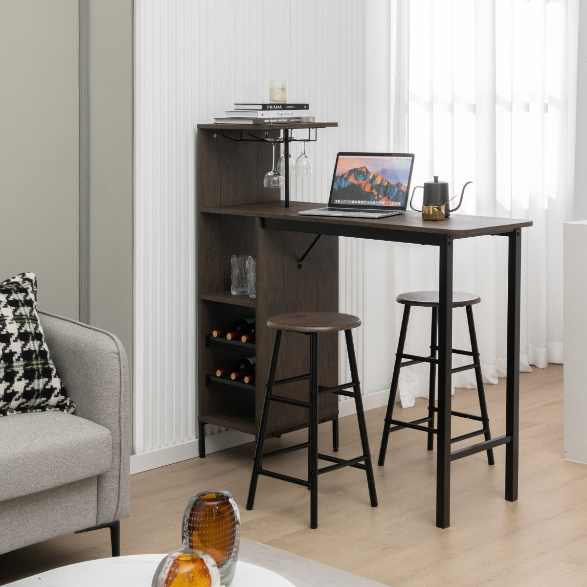 Conjunto de Mesa de Bar com Garrafeira e 2 Bancos de Bar