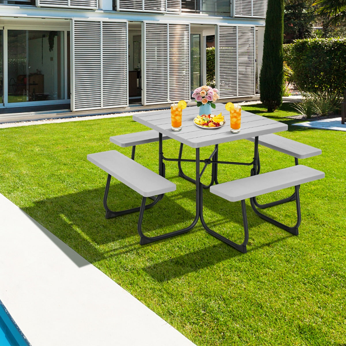 Mesa de Piquenique com Bancos para 8 Pessoas Circular – 109 cm – Cinzento – Metal e HDPE