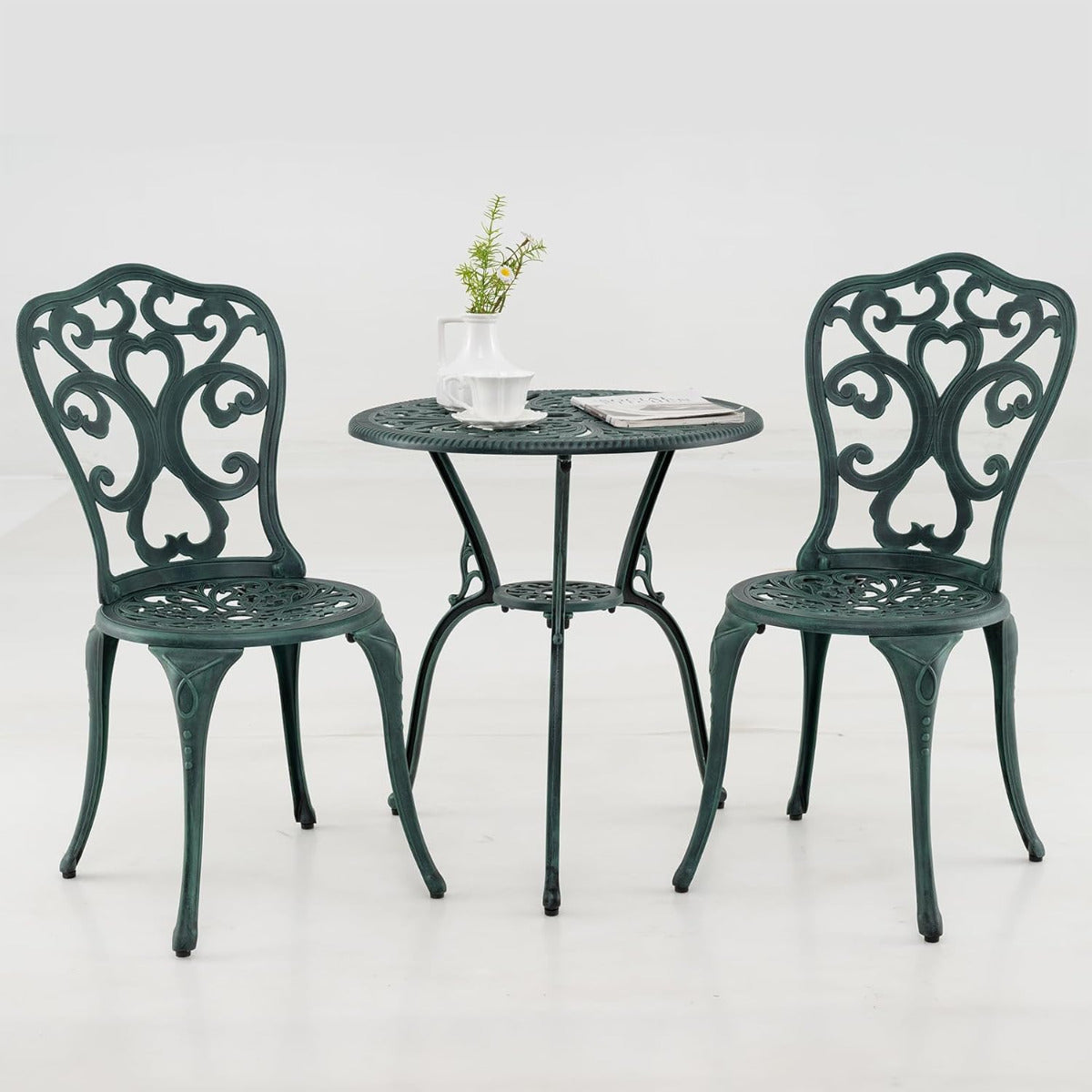 Conjunto de Jantar de Jardim - 2 Cadeiras e 1 Mesa - em Alumínio Fundido Verde com Orifício para Guarda-Sol