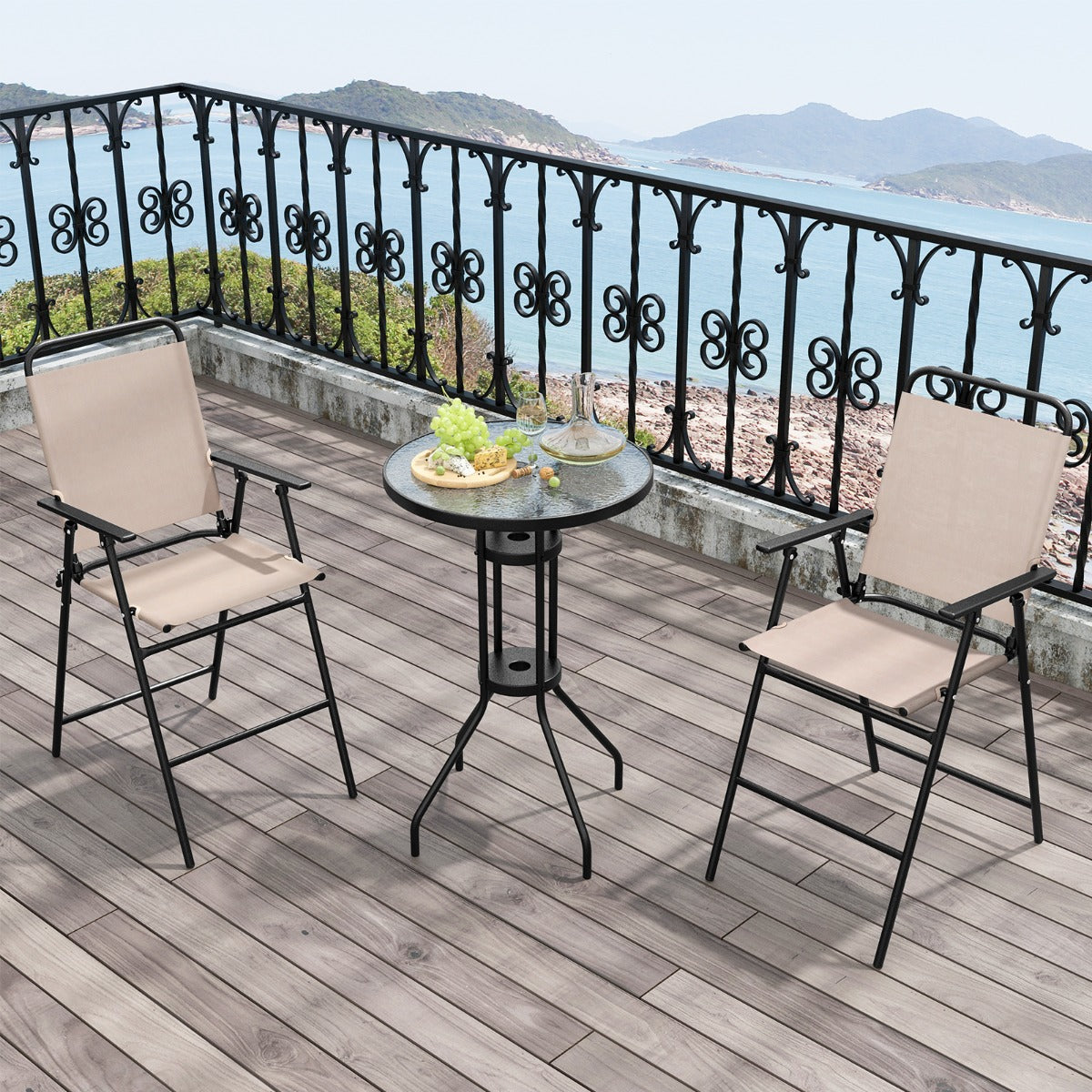 Conjunto de Mesa e 2 Cadeiras – Vidro Temperado – Bege