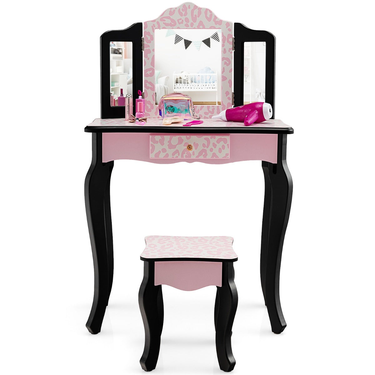 Toucador de Maquilhagem 2 em 1 para Crianças – cor rosa – padrão leopardo