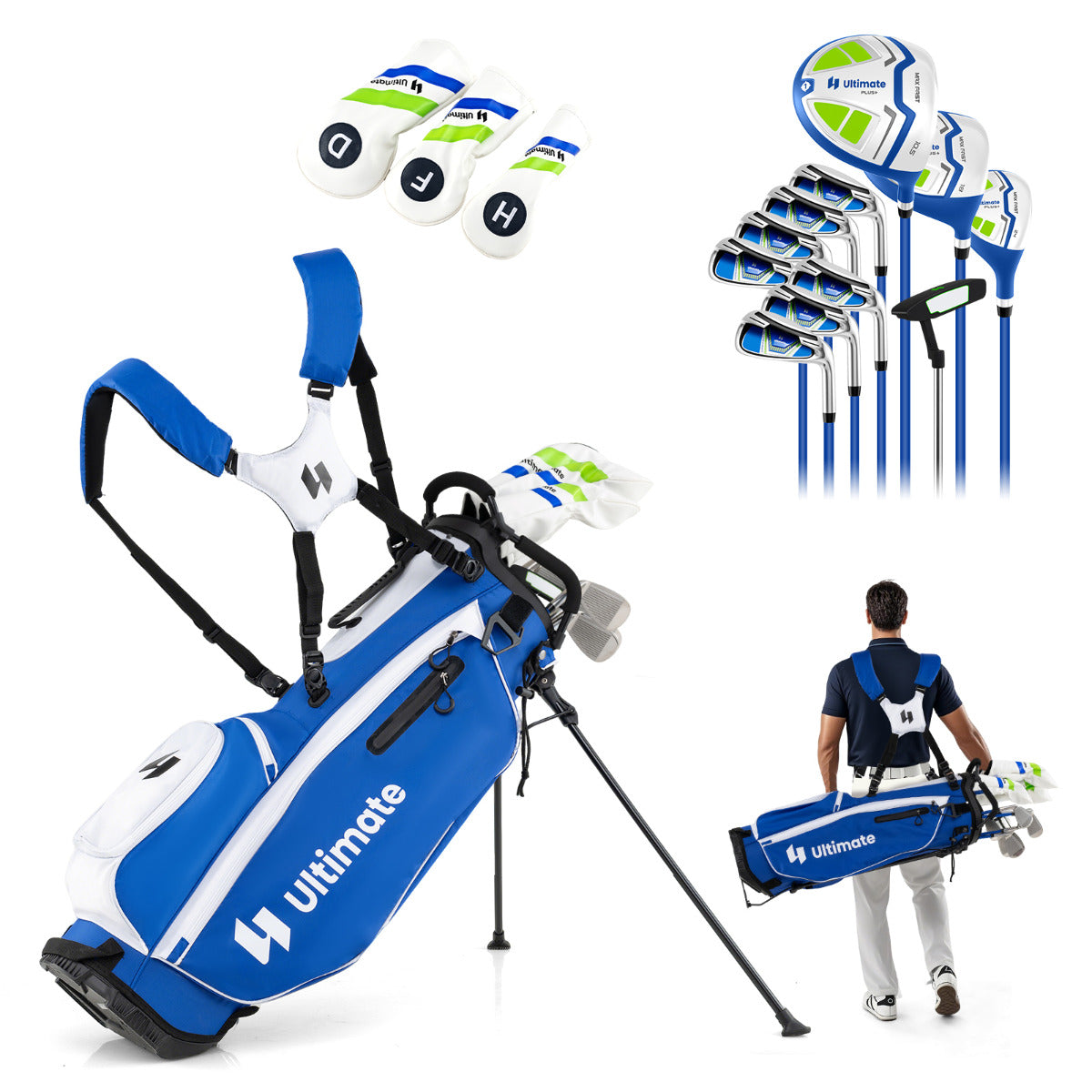Conjunto Completo de Tacadas de Golfe para Homem com Bolsa de Suporte Inclui Driver #1 460CC Madeira #3 Híbrido Ferros #5#6#7#8#9#P#S Putter Azul