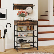 Conjunto de Cabide com Estante para Sapatos de 5 Níveis e Cabide de Parede Organizador para Sapatos para Hall de Entrada Quarto Castanho