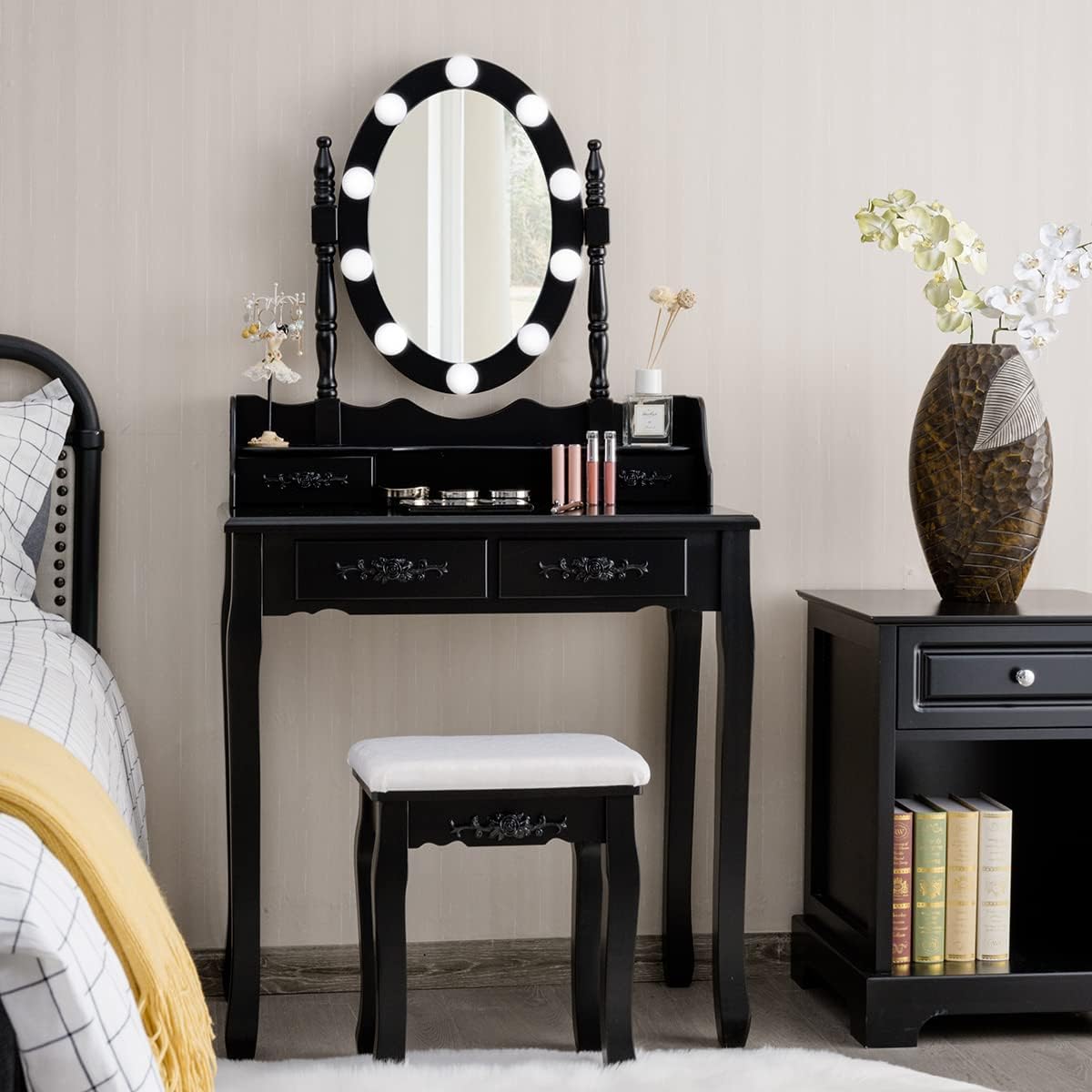 Conjunto de Mesa Toucador com Espelho Iluminado – 4 Gavetas – Preto – Madeira Maciça