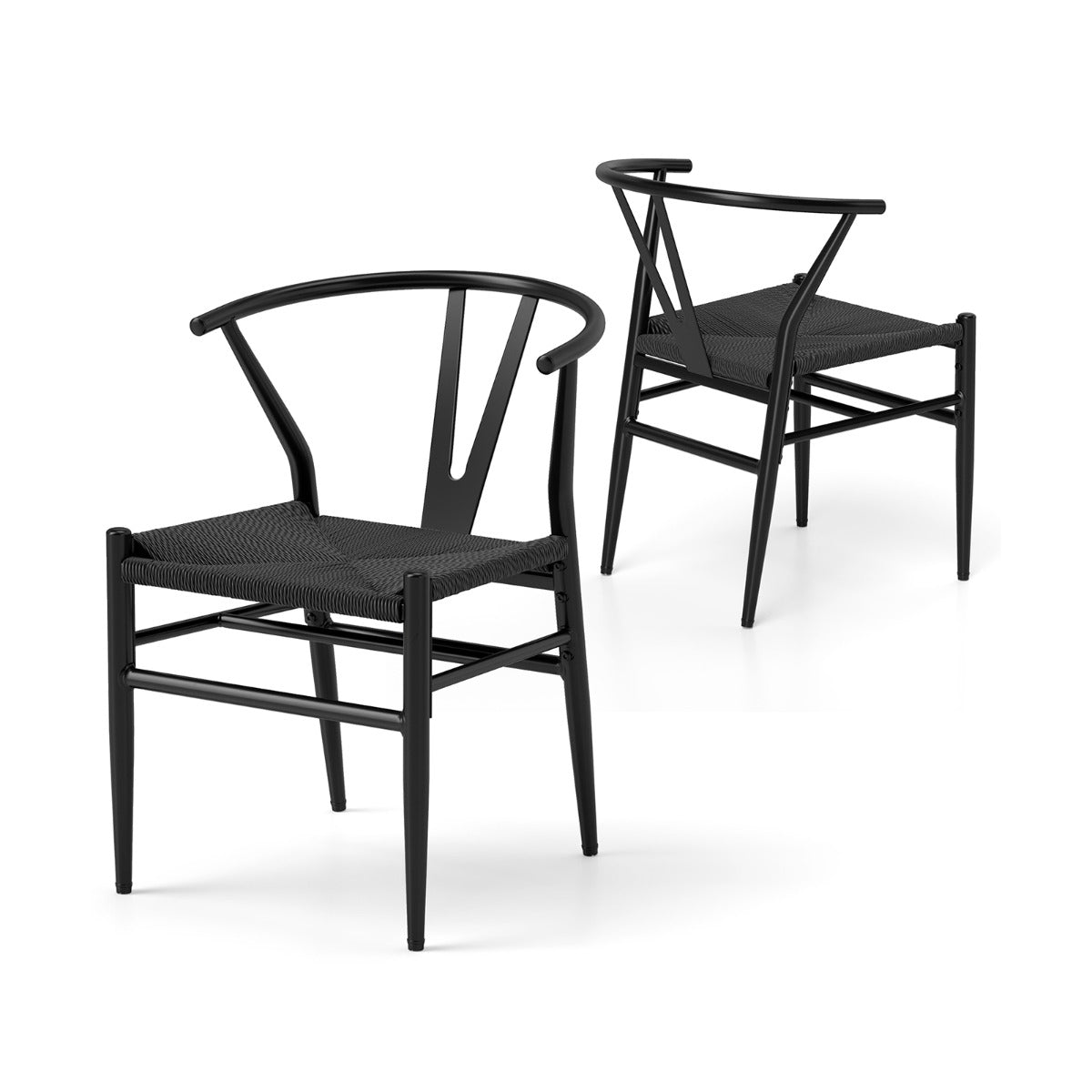 Conjunto de 2 Cadeiras de Jantar Modernas com Encosto em Forma de Y e Assento em Corda Tecida para Cozinha Escritório Preto