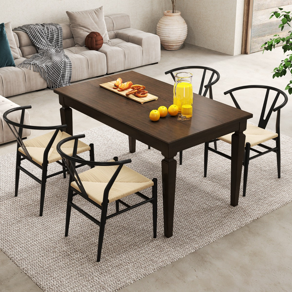 Conjunto de 2 Cadeiras de Jantar Cadeiras de Lazer Modernas com Encosto em Forma de Y Assento em Corda Tecida para Cozinha Escritório Bege