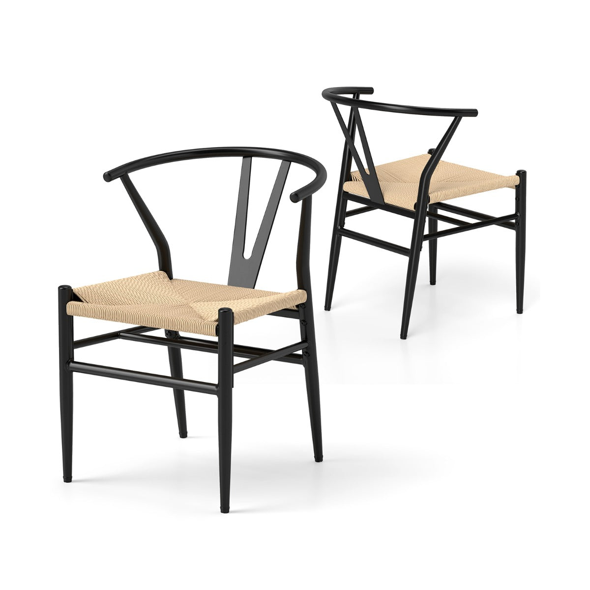 Conjunto de 2 Cadeiras de Jantar Cadeiras de Lazer Modernas com Encosto em Forma de Y Assento em Corda Tecida para Cozinha Escritório Bege