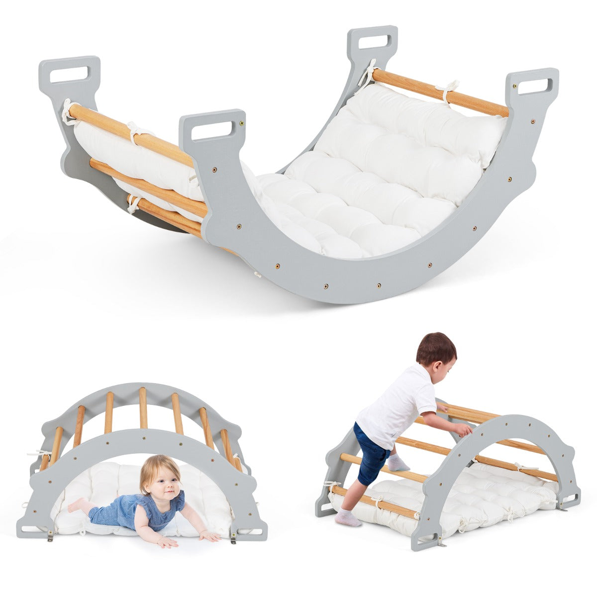 Arco de Escalada para Crianças com Almofada Brinquedo Montessori de Escalada Arco de Baloiço em Madeira Cinzenta
