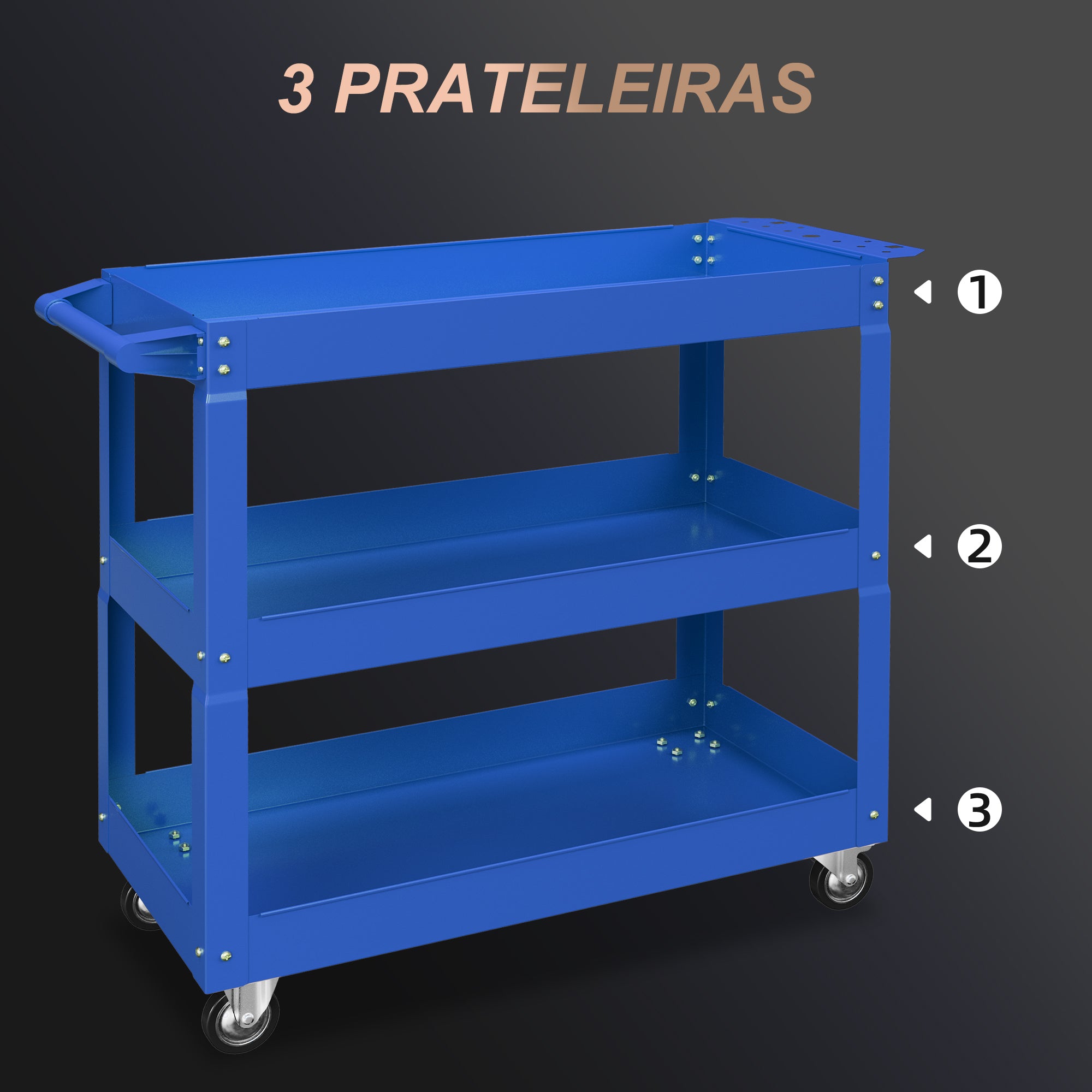 Carrinho de Ferramentas de Aço com 3 Prateleiras 83x35,3x76 cm - Azul