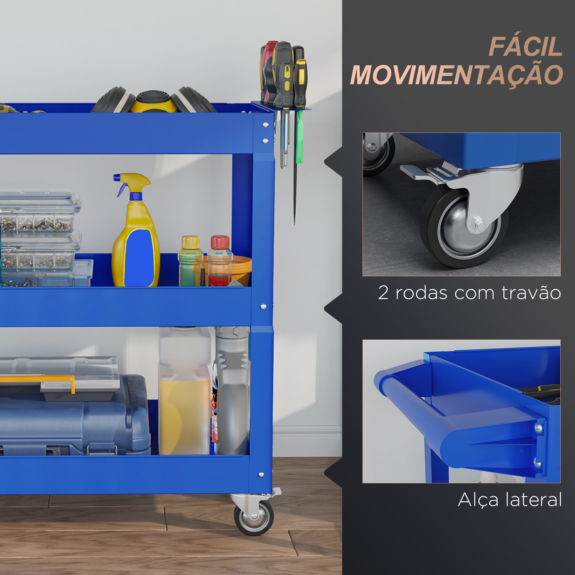 Carrinho de Ferramentas de Aço com 3 Prateleiras 83x35,3x76 cm - Azul
