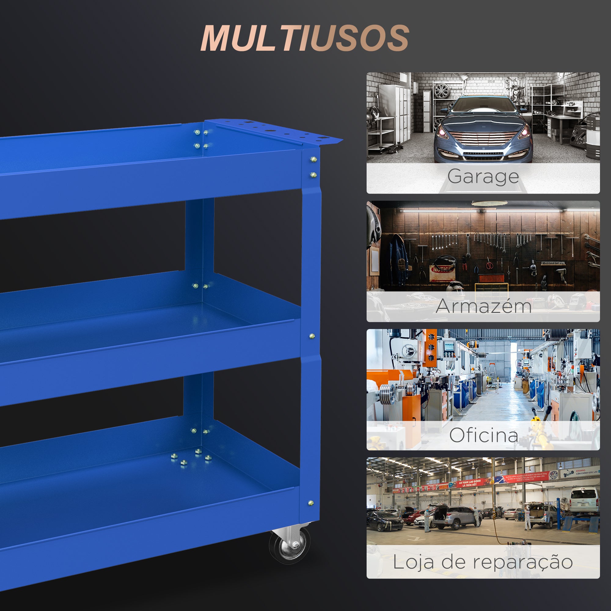 Carrinho de Ferramentas de Aço com 3 Prateleiras 83x35,3x76 cm - Azul