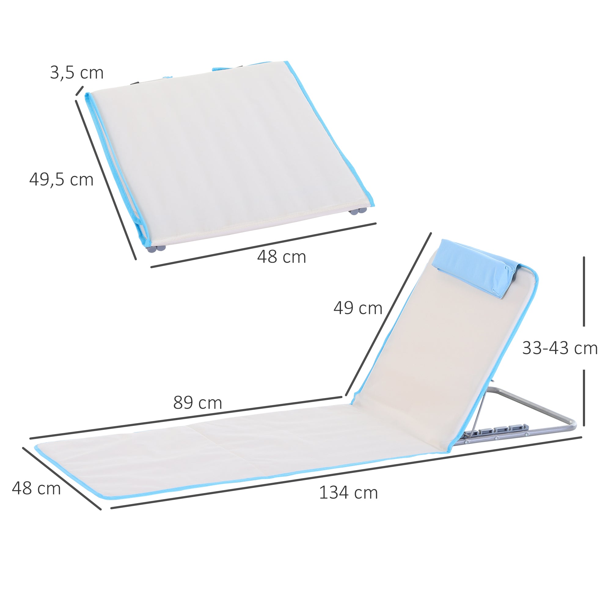 Conjunto de Esteiras de Praia Reclináveis – 48x134x33-43 cm – Azul e Creme – Aço e Algodão
