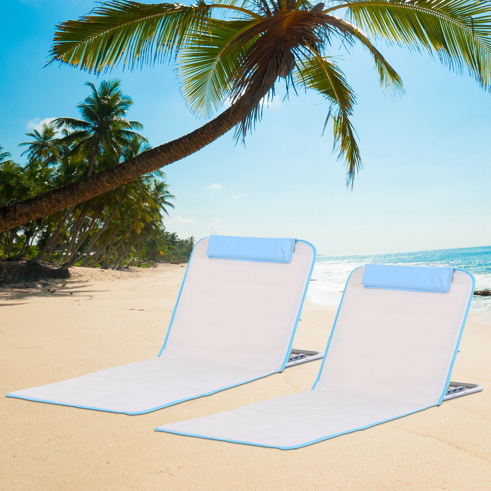 Conjunto de Esteiras de Praia Reclináveis – 48x134x33-43 cm – Azul e Creme – Aço e Algodão