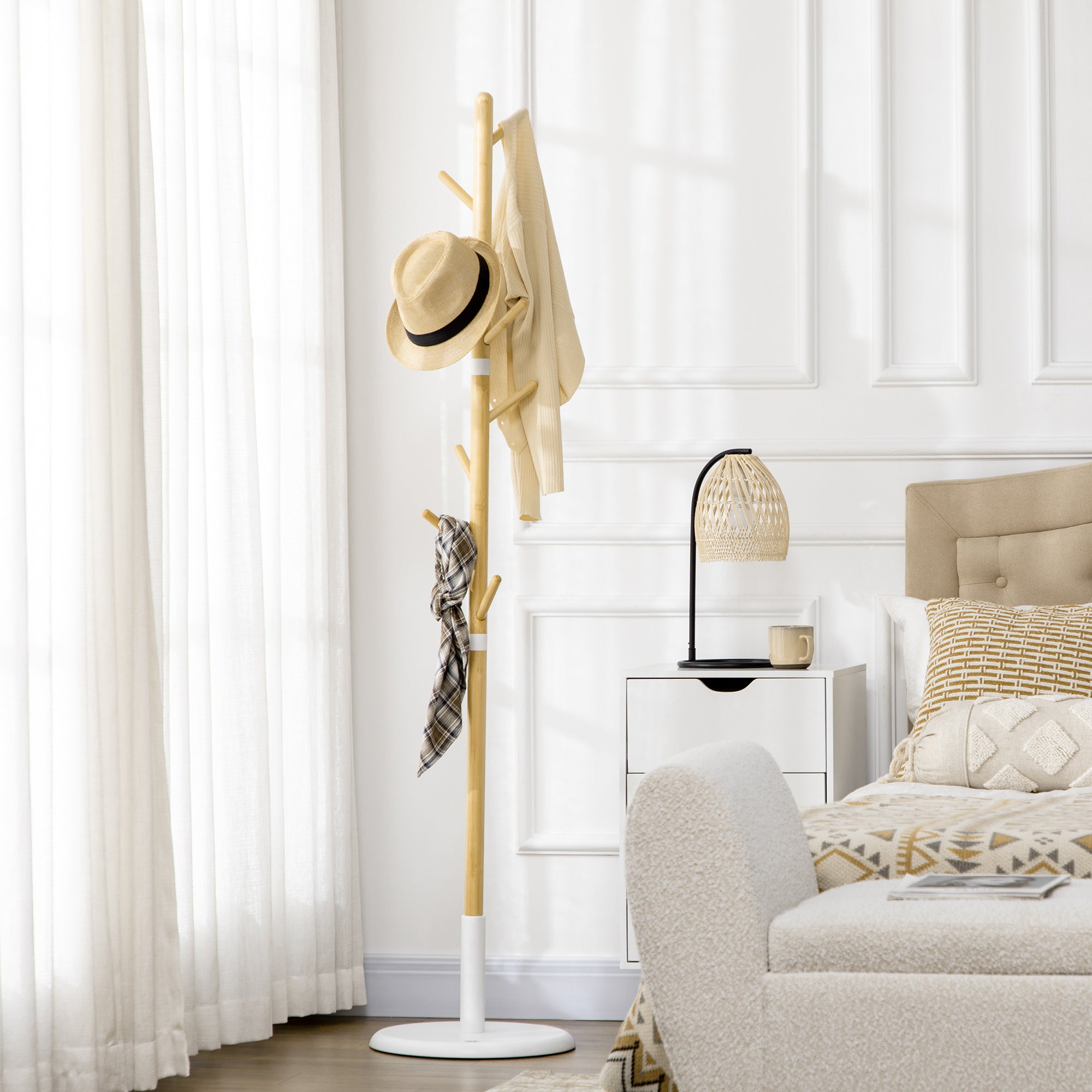 Cabide de Pé Moderno – Ø37,8x175,6 cm – Branco – Bambu e Metal